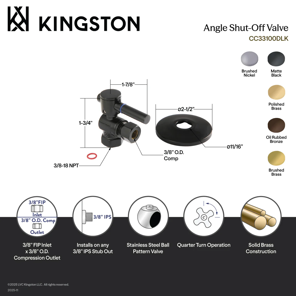 Kingston Sona CC33107DLK - Concord 3/8-Inch FIP x 3/8-Inch O.D. Comp Quarter-Turn Angle Shut-Off Valve with Flange, Brushed Brass - Image 2