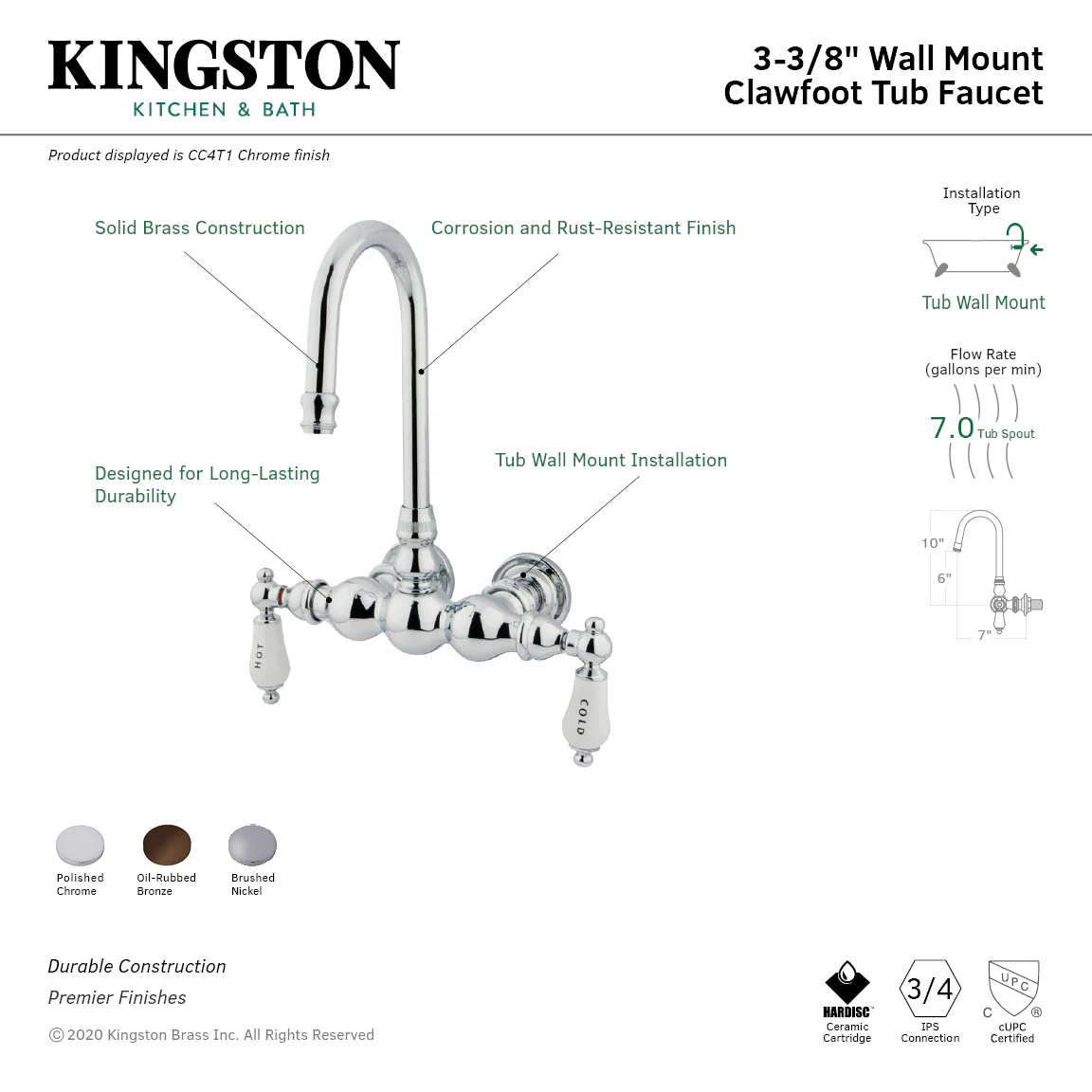 Kingston Heirloom CC3T5 - Vintage Two-Handle 2-Hole Tub Wall Mount Clawfoot Tub Faucet, Oil Rubbed Bronze - Image 2