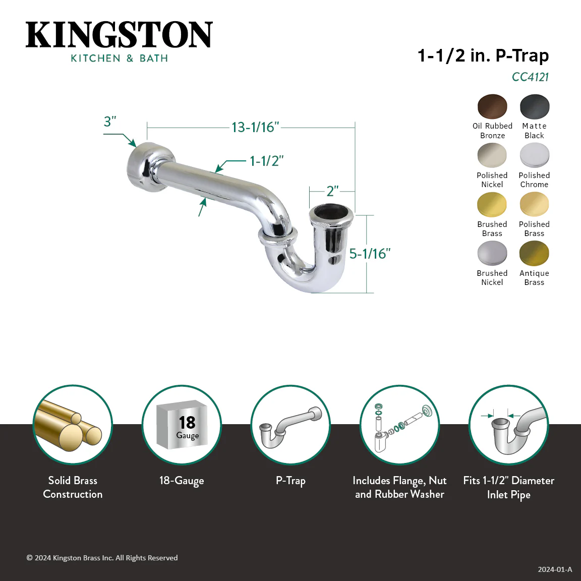 Kingston Trimscape CC4126 1-1/2 Inch Decor P-Trap with High Box Flange, 13-1/16 Inch Length, 18 Gauge, Polished Nickel - Image 2