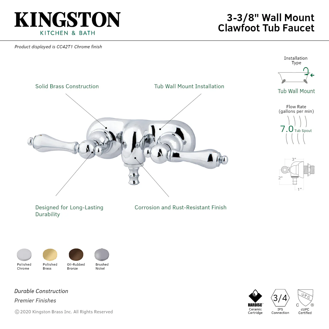 Kingston Heirloom CC41T8 - Vintage Two-Handle 2-Hole Tub Wall Mount Clawfoot Tub Faucet, Brushed Nickel - Image 2