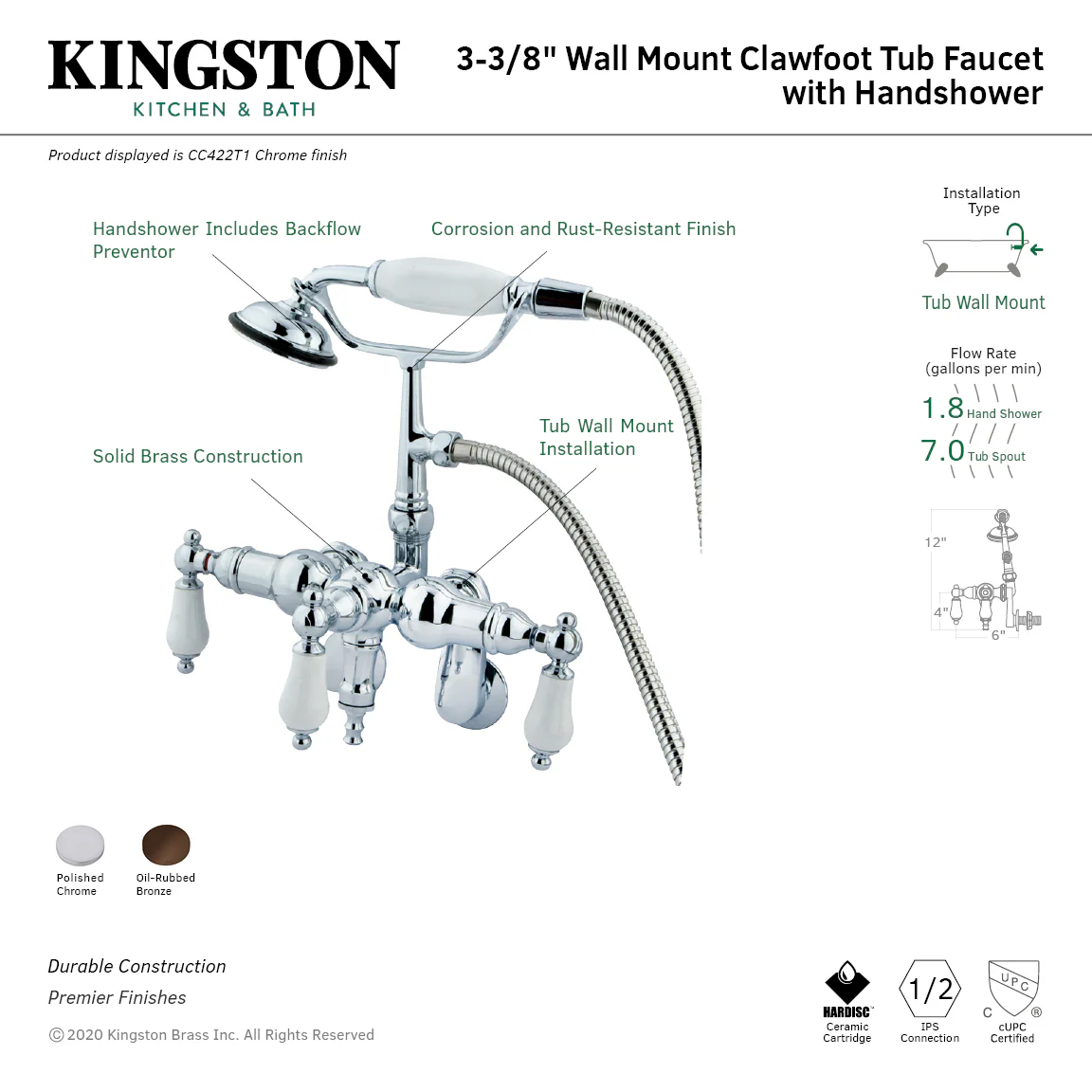 Kingston Heirloom CC421T5 - Vintage Three-Handle 2-Hole Tub Wall Mount Clawfoot Tub Faucet with Hand Shower, Oil Rubbed Bronze - Image 2