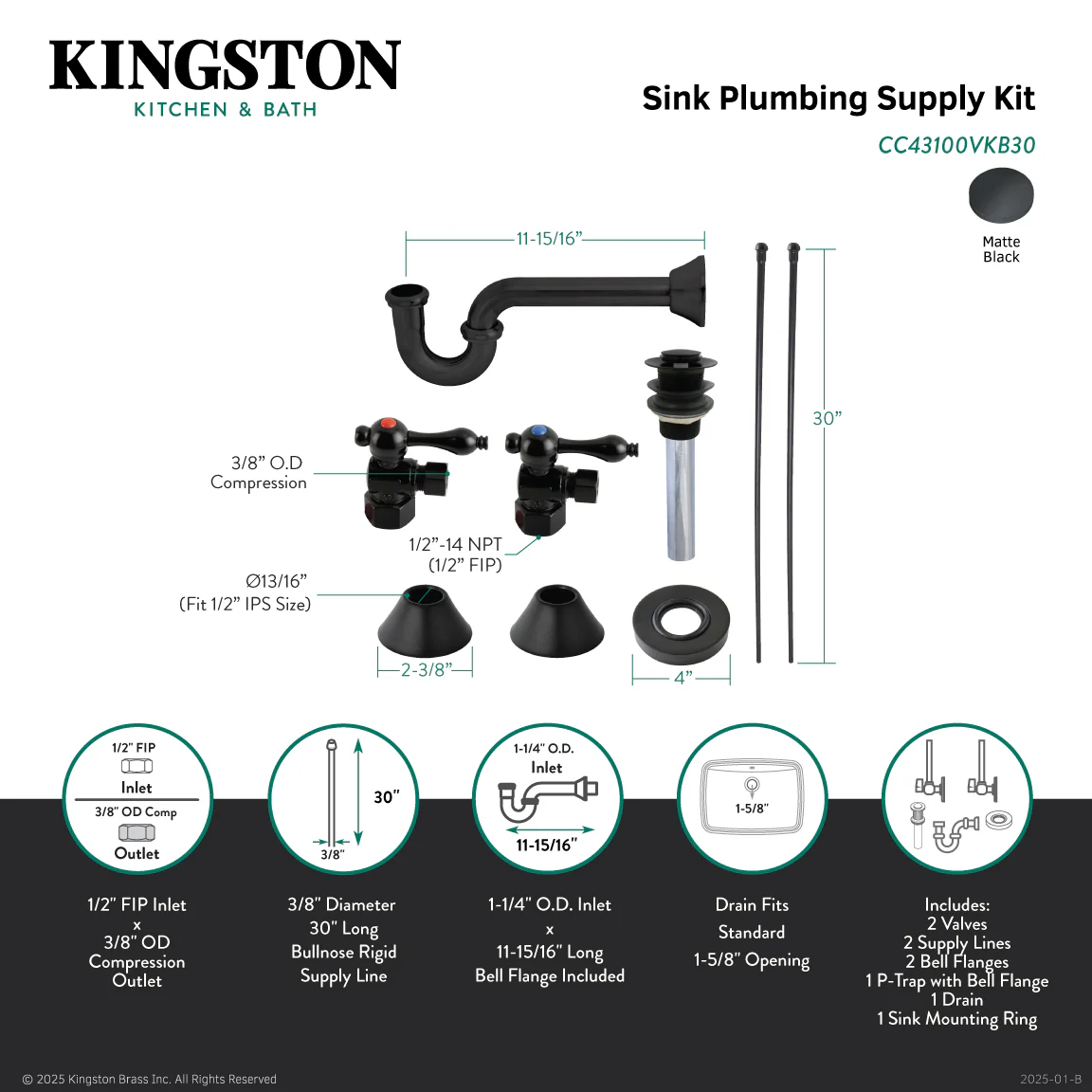 Kingston Heirloom CC43100VKB30 - Trimscape Traditional Plumbing Sink Trim Kit with P-Trap and Drain, Matte Black - Image 2