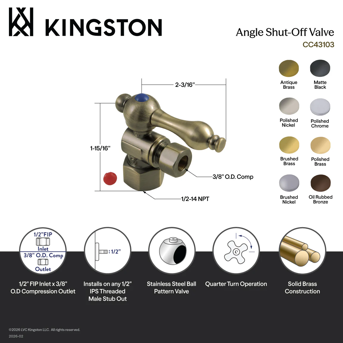 Kingston Heirloom CC43101 - Vintage 1/2-Inch FIP x 3/8-Inch O.D. Comp Quarter-Turn Angle Shut-Off Valve, Polished Chrome - Image 2