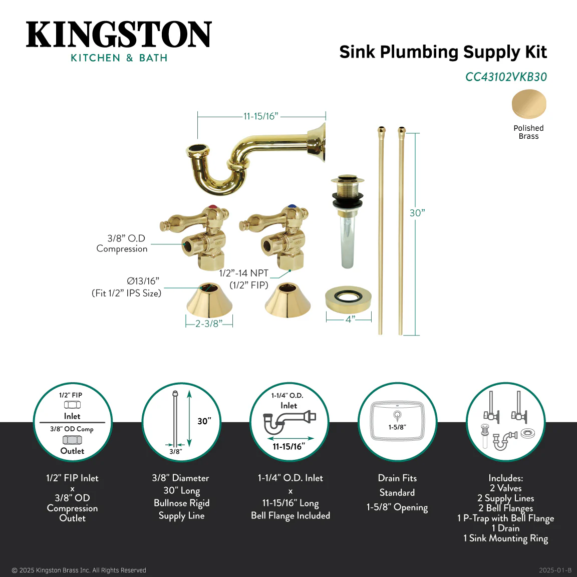 Kingston Heirloom CC43102VKB30 - Trimscape Traditional Plumbing Sink Trim Kit with P-Trap and Drain, Polished Brass - Image 2
