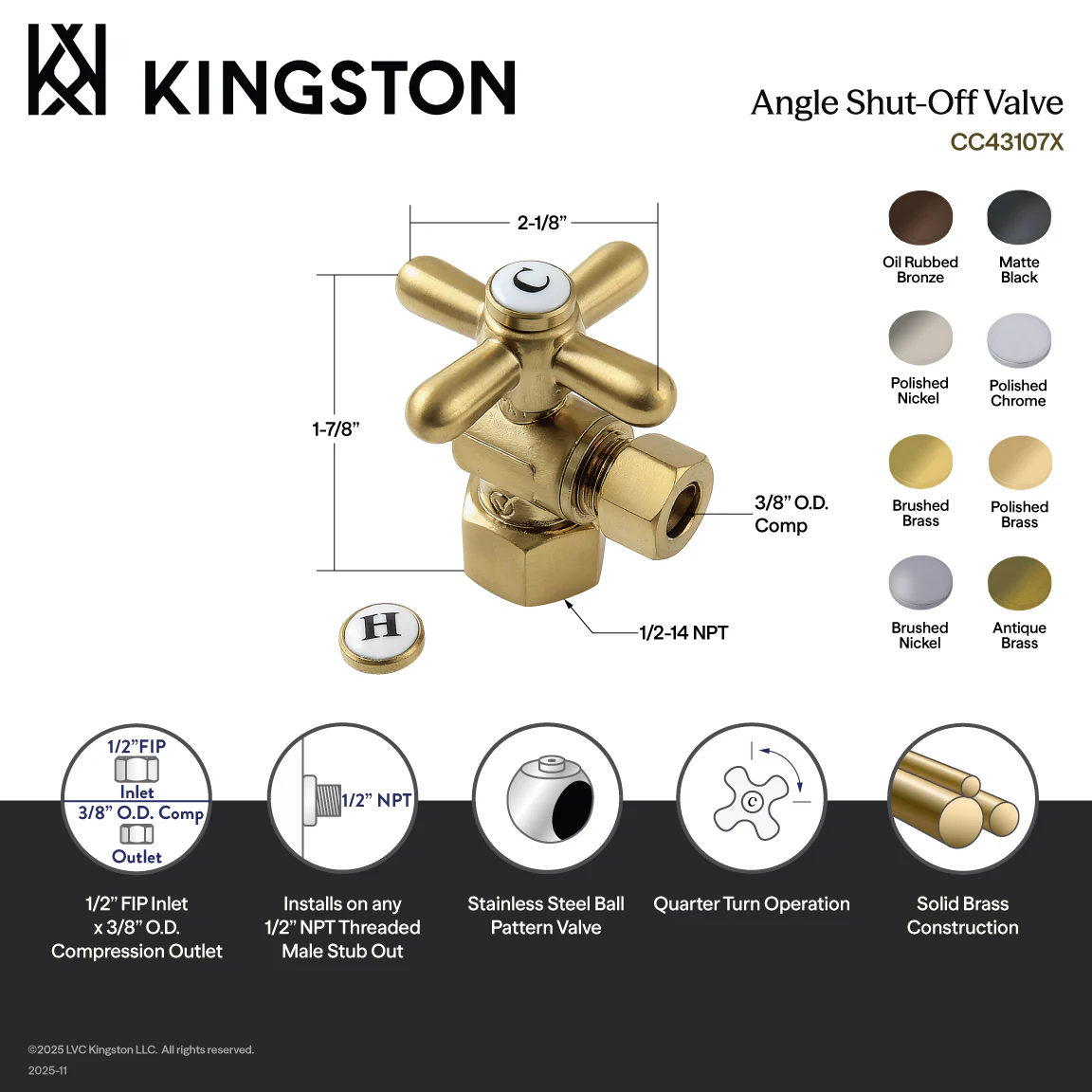 Kingston Heirloom CC43103X - Vintage 1/2-Inch FIP x 3/8-Inch O.D. Comp Quarter-Turn Angle Shut-Off Valve, Antique Brass - Image 2