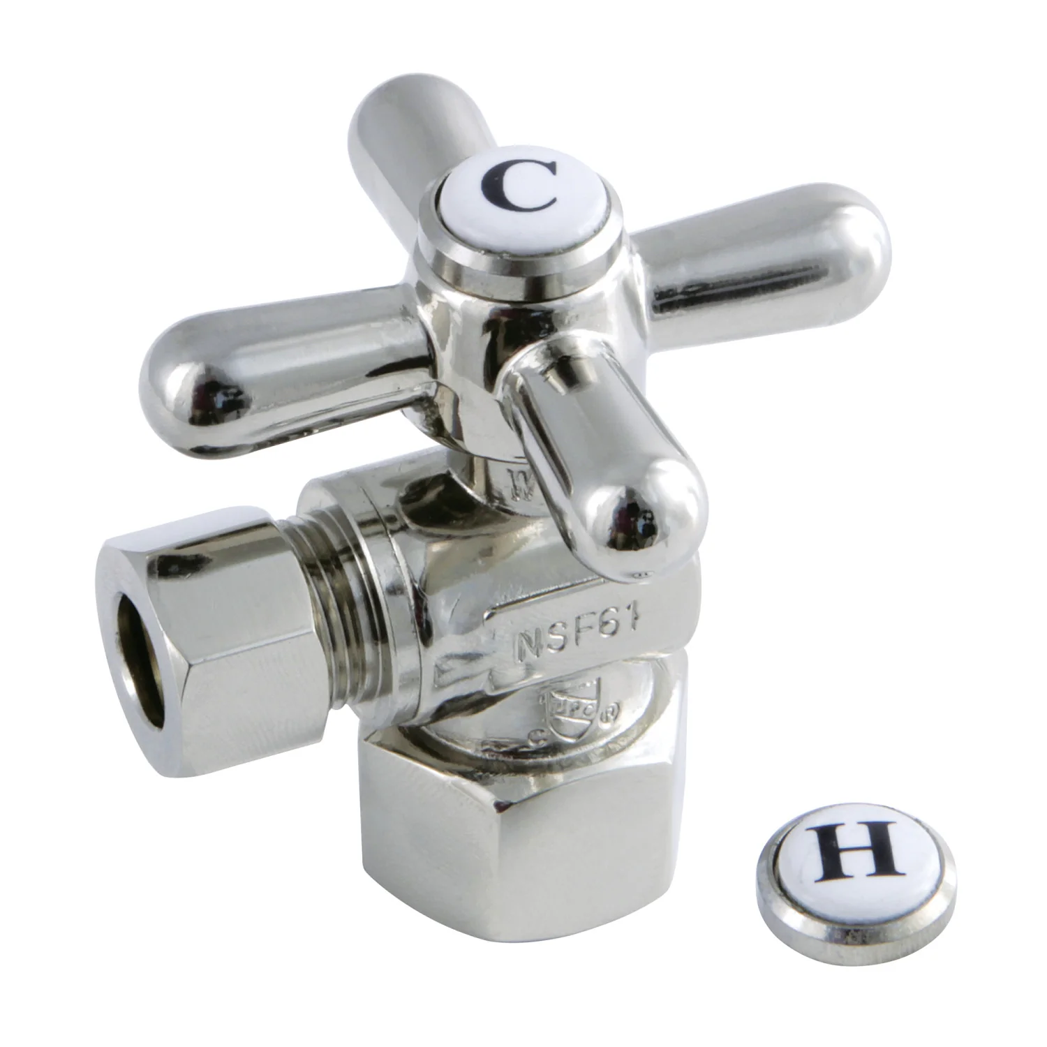 Kingston Heirloom CC43106X - Vintage 1/2-Inch FIP x 3/8-Inch O.D. Comp Quarter-Turn Angle Shut-Off Valve, Polished Nickel