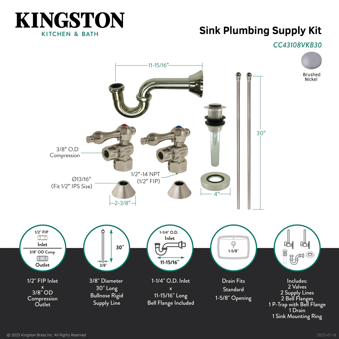 Kingston Heirloom CC43108VKB30 - Trimscape Traditional Plumbing Sink Trim Kit with P-Trap and Drain, Brushed Nickel - Image 2