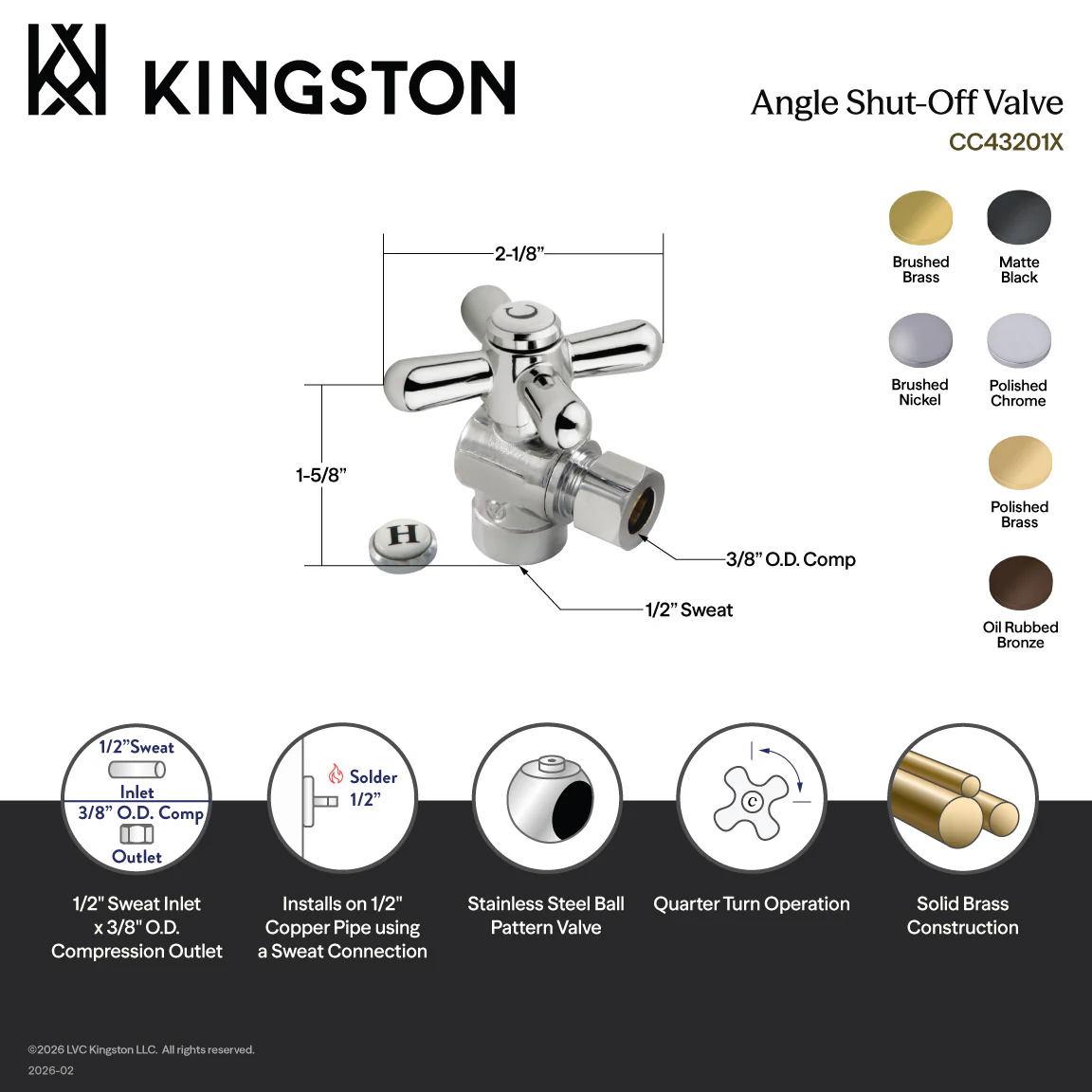 Kingston Heirloom CC43205X - Vintage 1/2-Inch Sweat x 3/8-Inch O.D. Comp Angle Shut-Off Valve, Oil Rubbed Bronze - Image 2