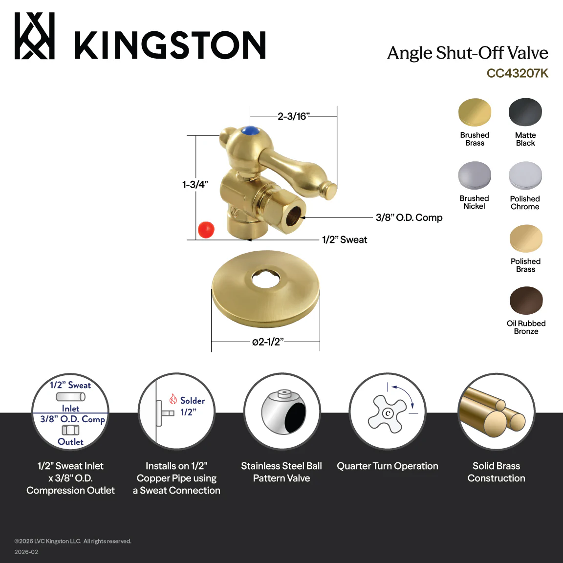 Kingston Heirloom CC43207K - Victorian 1/2-Inch Sweat x 3/8-Inch O.D. Comp Quarter-Turn Angle Shut-Off Valve with Flange, Brushed Brass - Image 2