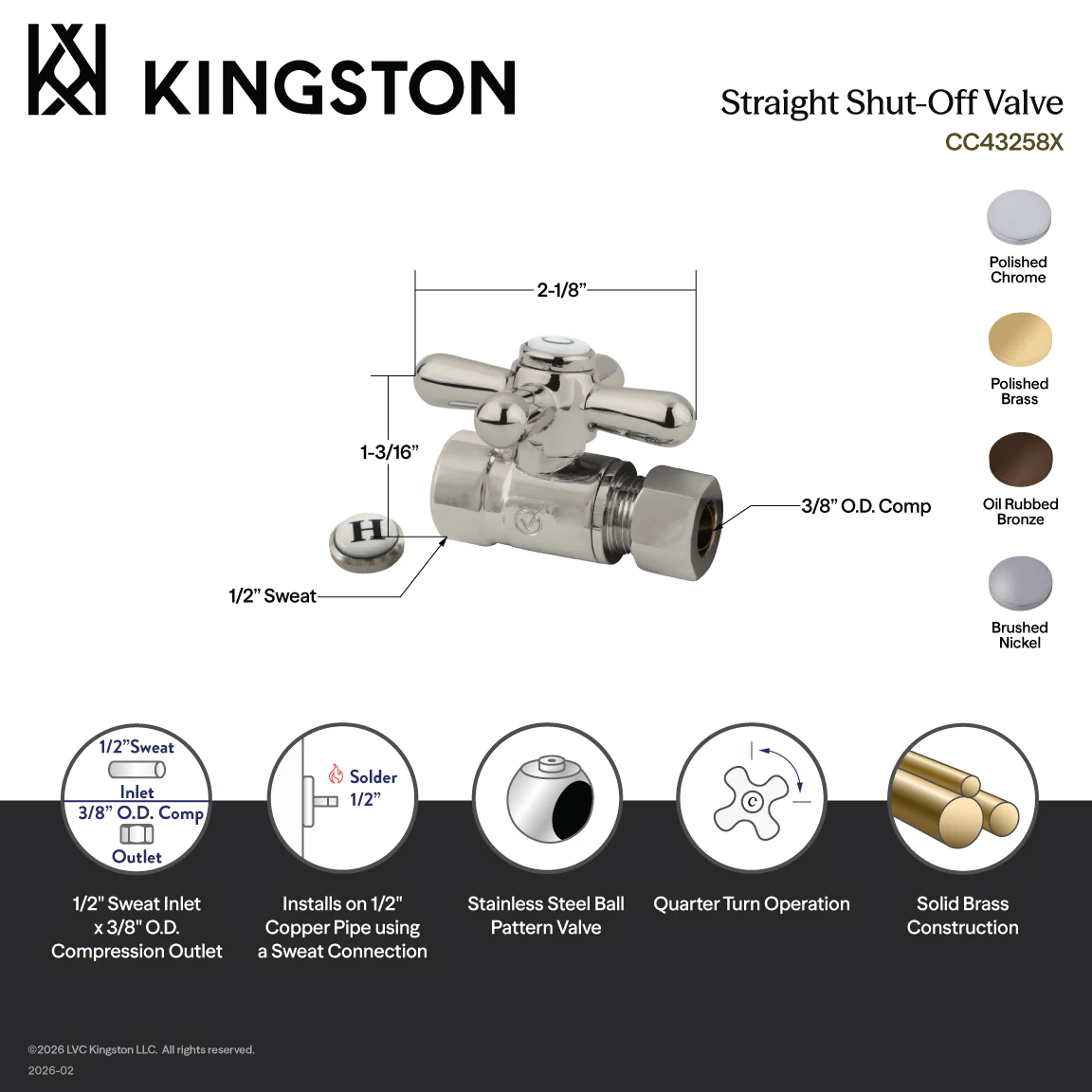 Kingston Heirloom CC43252X - Vintage 1/2-Inch Sweat x 3/8-Inch O.D. Comp Straight Shut-Off Valve, Polished Brass - Image 2