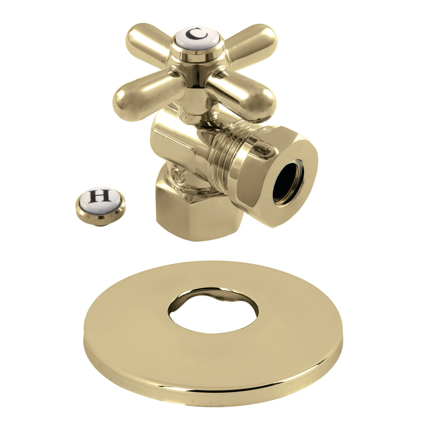 Kingston Heirloom CC44102XK 1/2-Inch FIP x 1/2-Inch or 7/16-Inch Slip Joint Quarter-Turn Angle Shut-Off Valve with Flange, Polished Brass
