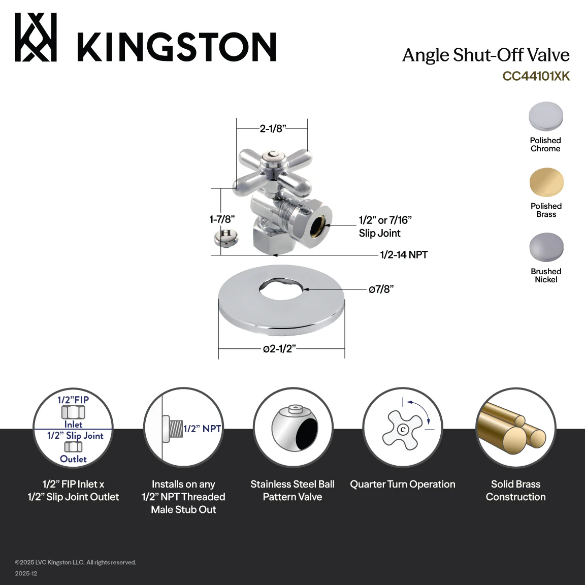 Kingston Heirloom CC44102XK 1/2-Inch FIP x 1/2-Inch or 7/16-Inch Slip Joint Quarter-Turn Angle Shut-Off Valve with Flange, Polished Brass - Image 2