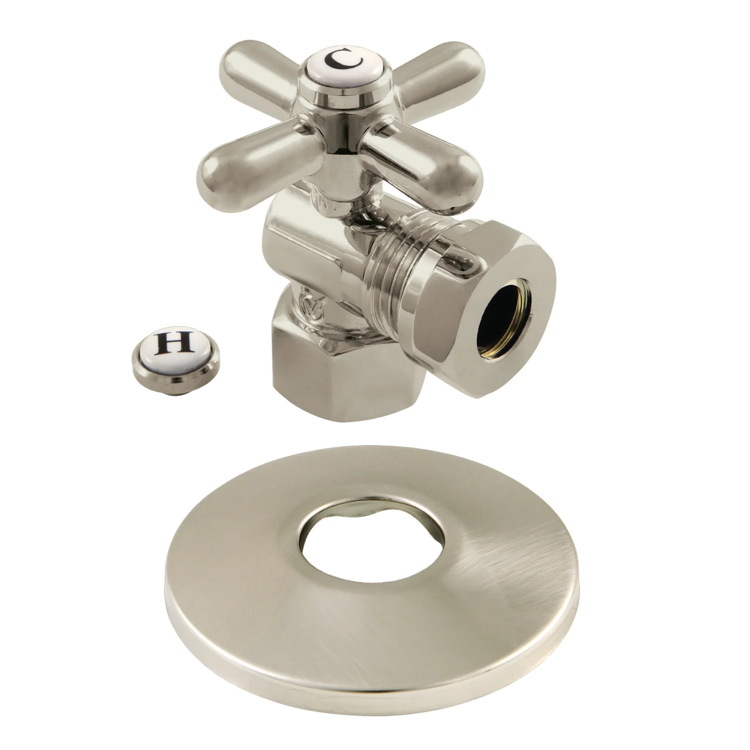Kingston Heirloom CC44108XK 1/2-Inch FIP x 1/2-Inch or 7/16-Inch Slip Joint Quarter-Turn Angle Shut-Off Valve with Flange, Brushed Nickel