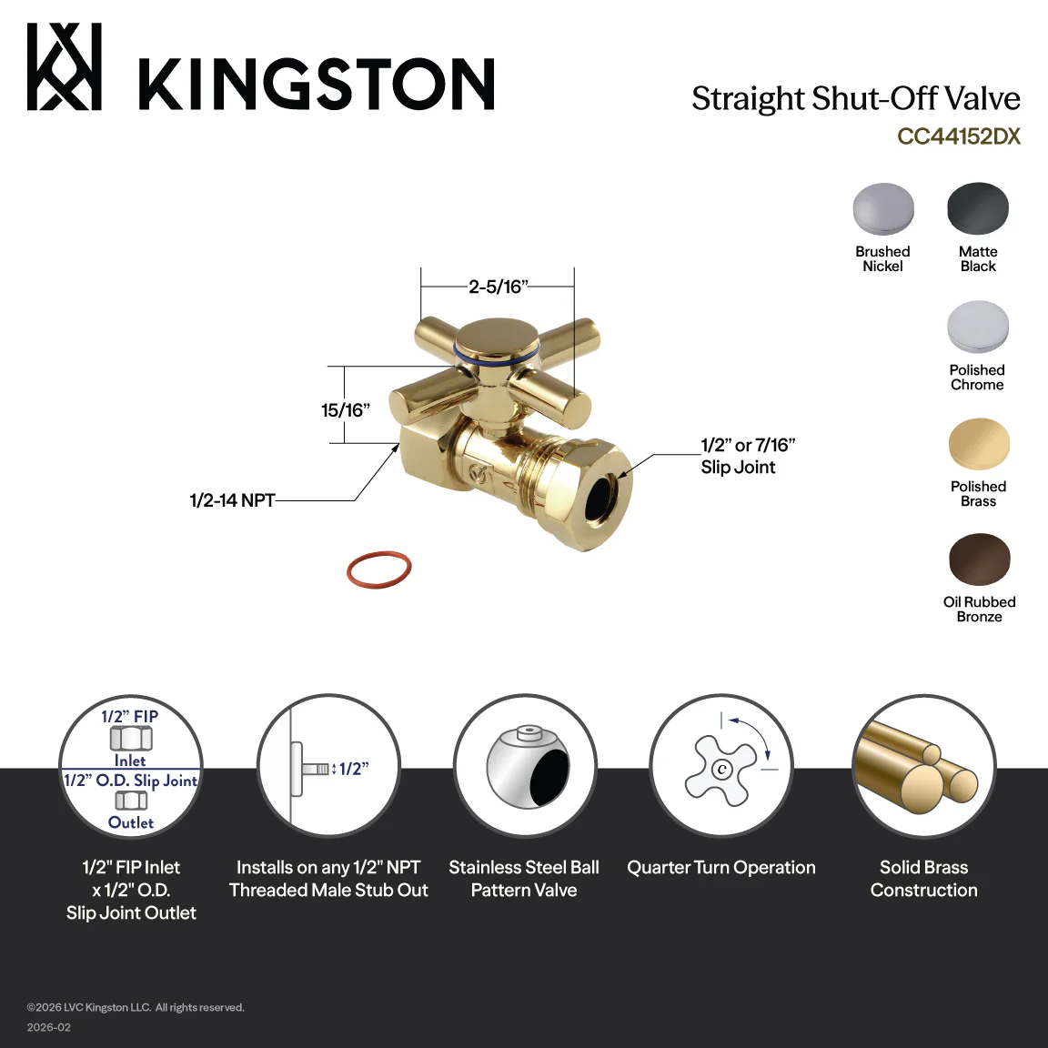 Kingston Sona CC44158DX - Concord 1/2-Inch FIP x 1/2-Inch or 7/16-Inch Slip Joint Quarter-Turn Straight Shut-Off Valve, Brushed Nickel - Image 2