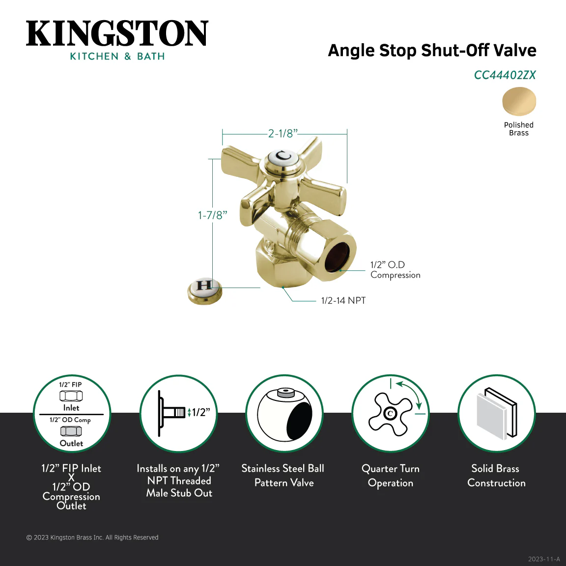 Kingston Tulare CC44402ZX - Millennium 1/2-Inch FIP x 1/2-Inch O.D. Comp Quarter-Turn Angle Shut-Off Valve, Polished Brass - Image 3