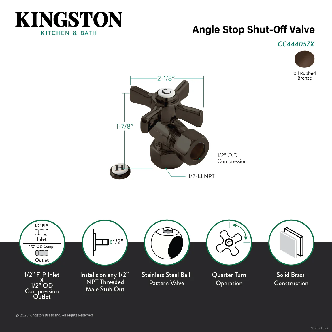 Kingston Tulare CC44405ZX - Millennium 1/2-Inch FIP x 1/2-Inch O.D. Comp Quarter-Turn Angle Shut-Off Valve, Oil Rubbed Bronze - Image 3