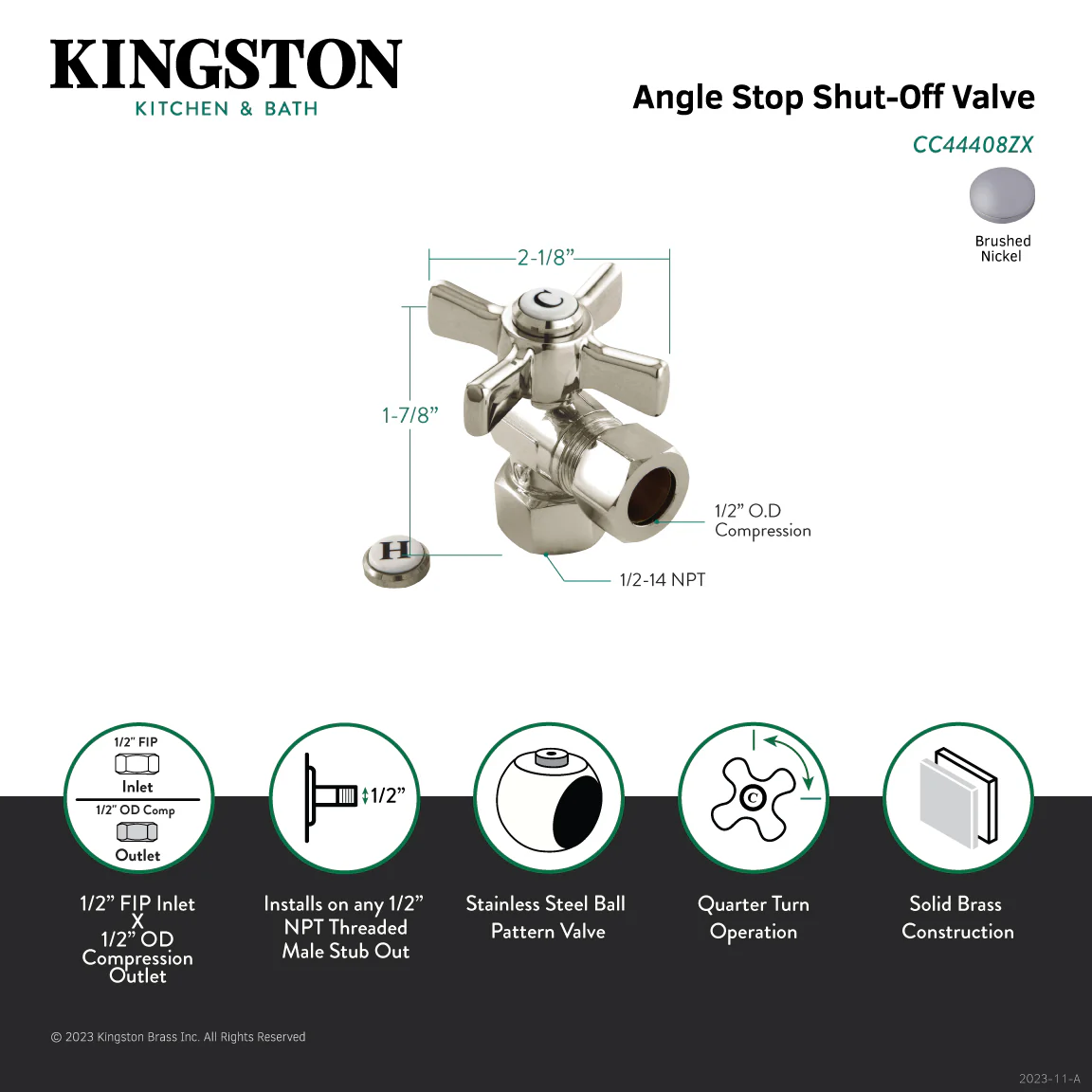 Kingston Tulare CC44408ZX - Millennium 1/2-Inch FIP x 1/2-Inch O.D. Comp Quarter-Turn Angle Shut-Off Valve, Brushed Nickel - Image 3