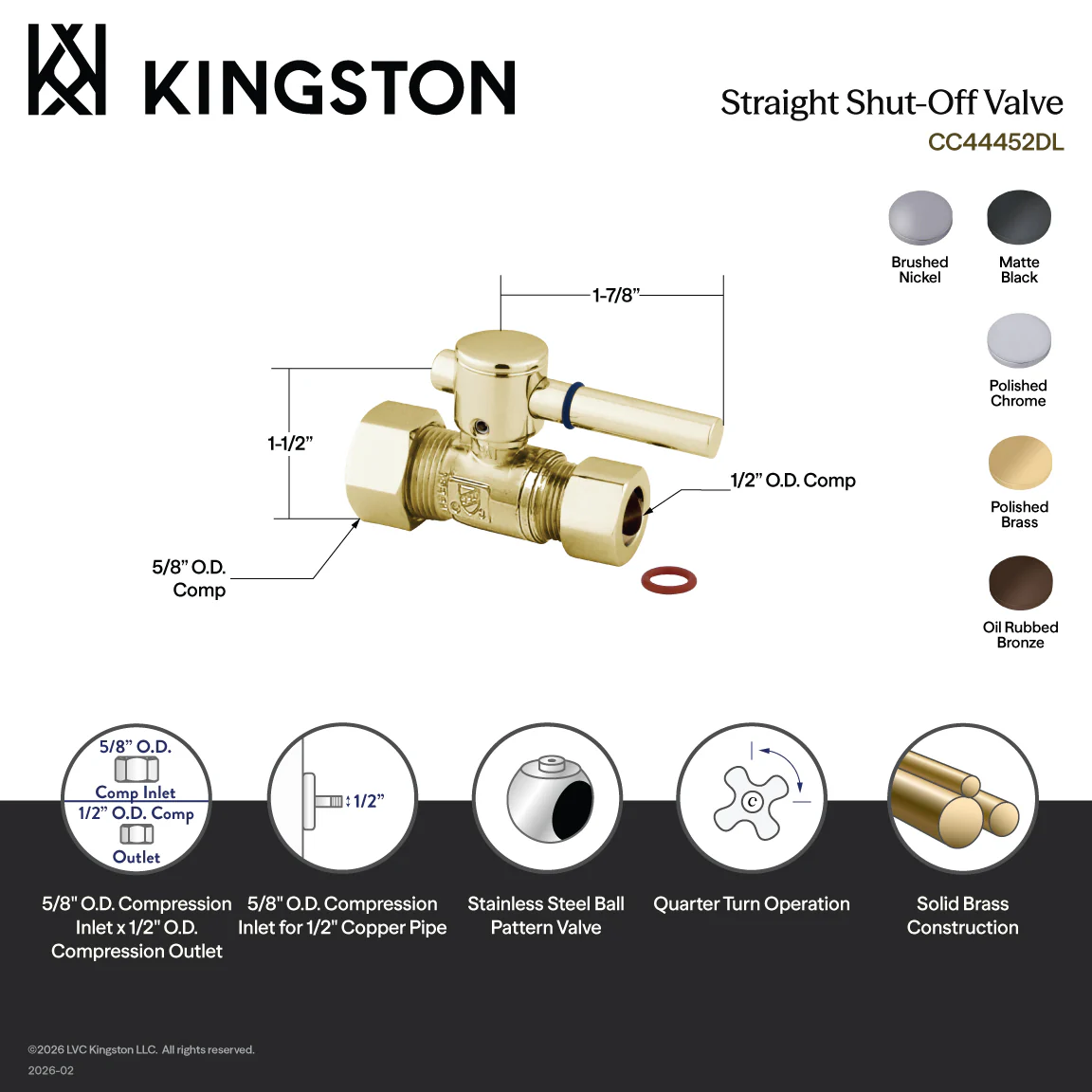 Kingston Sona CC44450DL - Concord 5/8-Inch O.D. Comp x 1/2-Inch O.D. Comp Quarter-Turn Straight Shut-Off Valve, Matte Black - Image 3