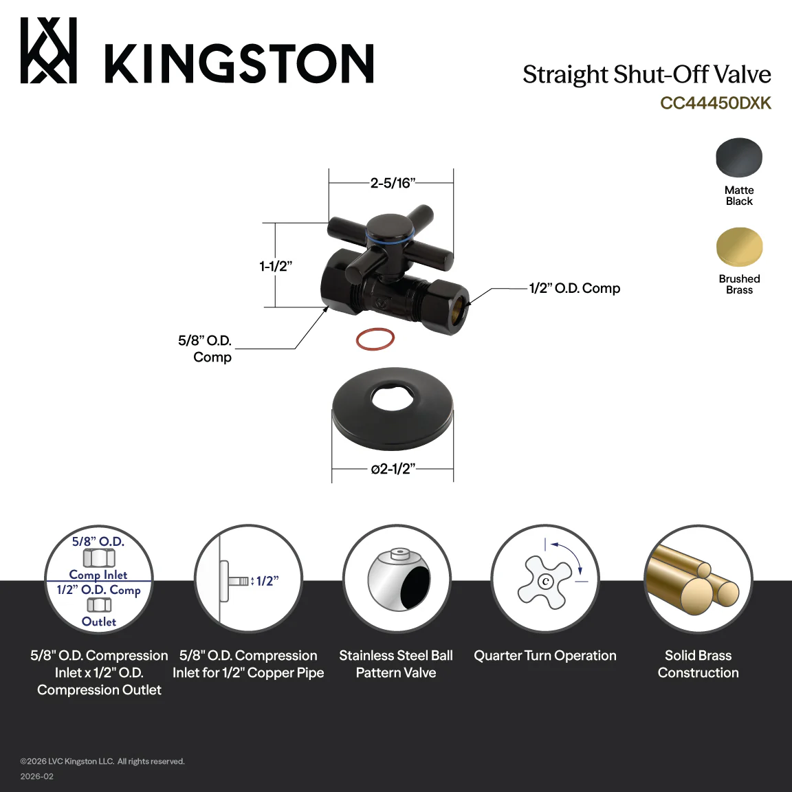 Kingston Sona CC44450DXK - Concord 5/8-Inch O.D. Comp x 1/2-Inch O.D. Comp Quarter-Turn Straight Shut-Off Valve with Flange, Matte Black - Image 2