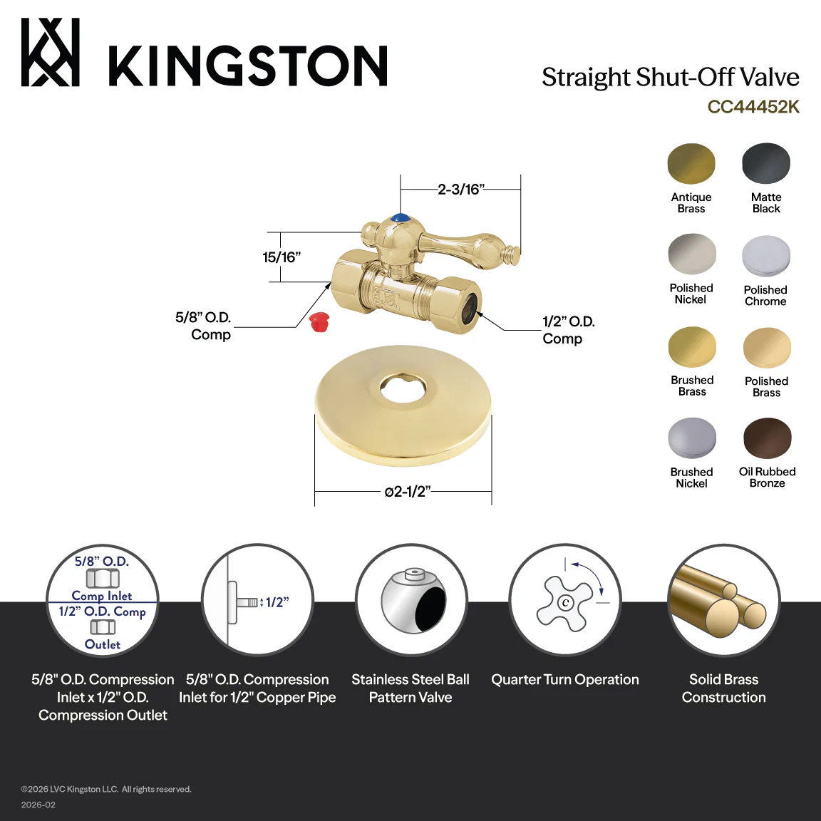 Kingston Heirloom CC44455K 5/8-Inch O.D. Comp x 1/2-Inch O.D. Comp Quarter-Turn Straight Shut-Off Valve with Flange, Oil Rubbed Bronze - Image 2