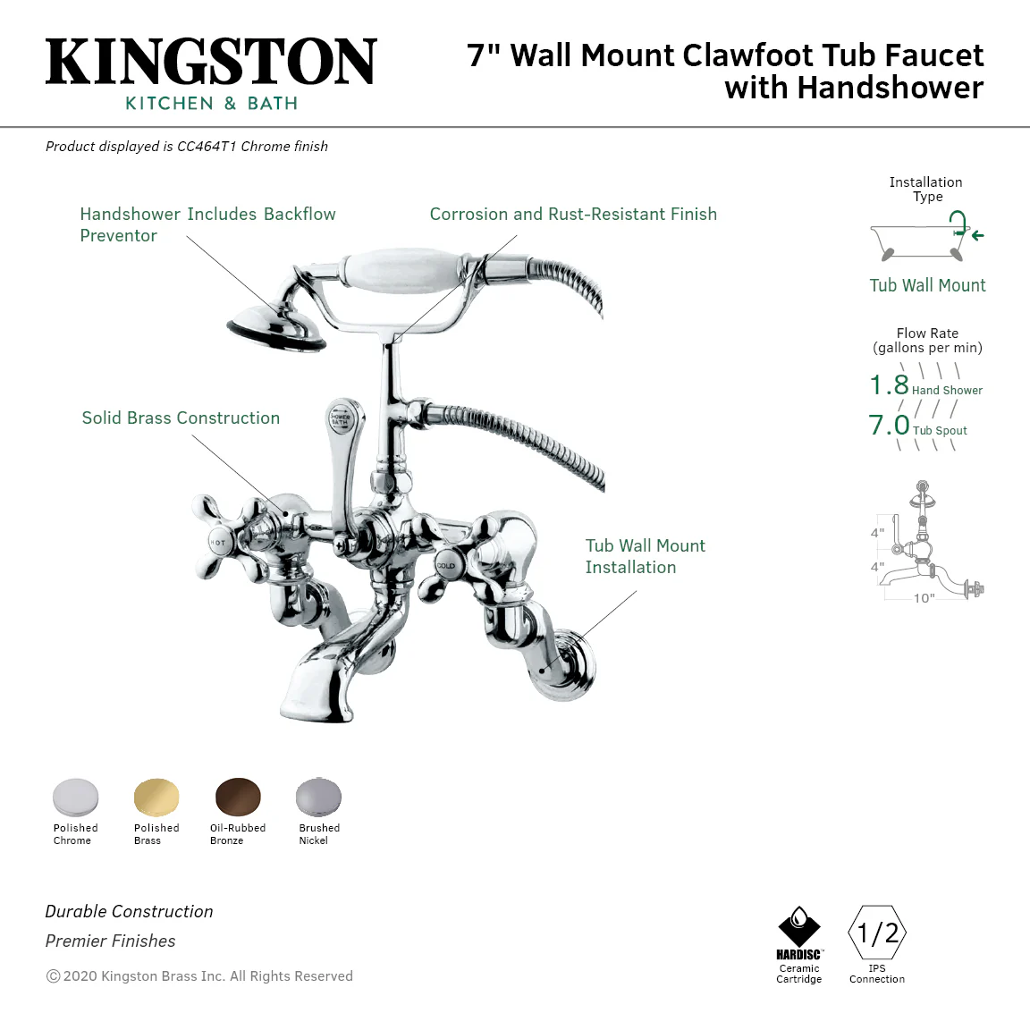 Kingston Heirloom CC463T8 - Vintage Three-Handle 2-Hole Tub Wall Mount Clawfoot Tub Faucet with Hand Shower, Brushed Nickel - Image 2