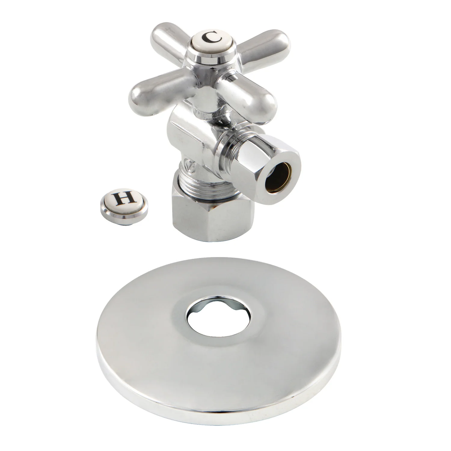 Kingston Heirloom CC53301XK 5/8-Inch O.D. Comp x 3/8-Inch O.D. Comp Quarter-Turn Angle Shut-Off Valve with Flange, Polished Chrome