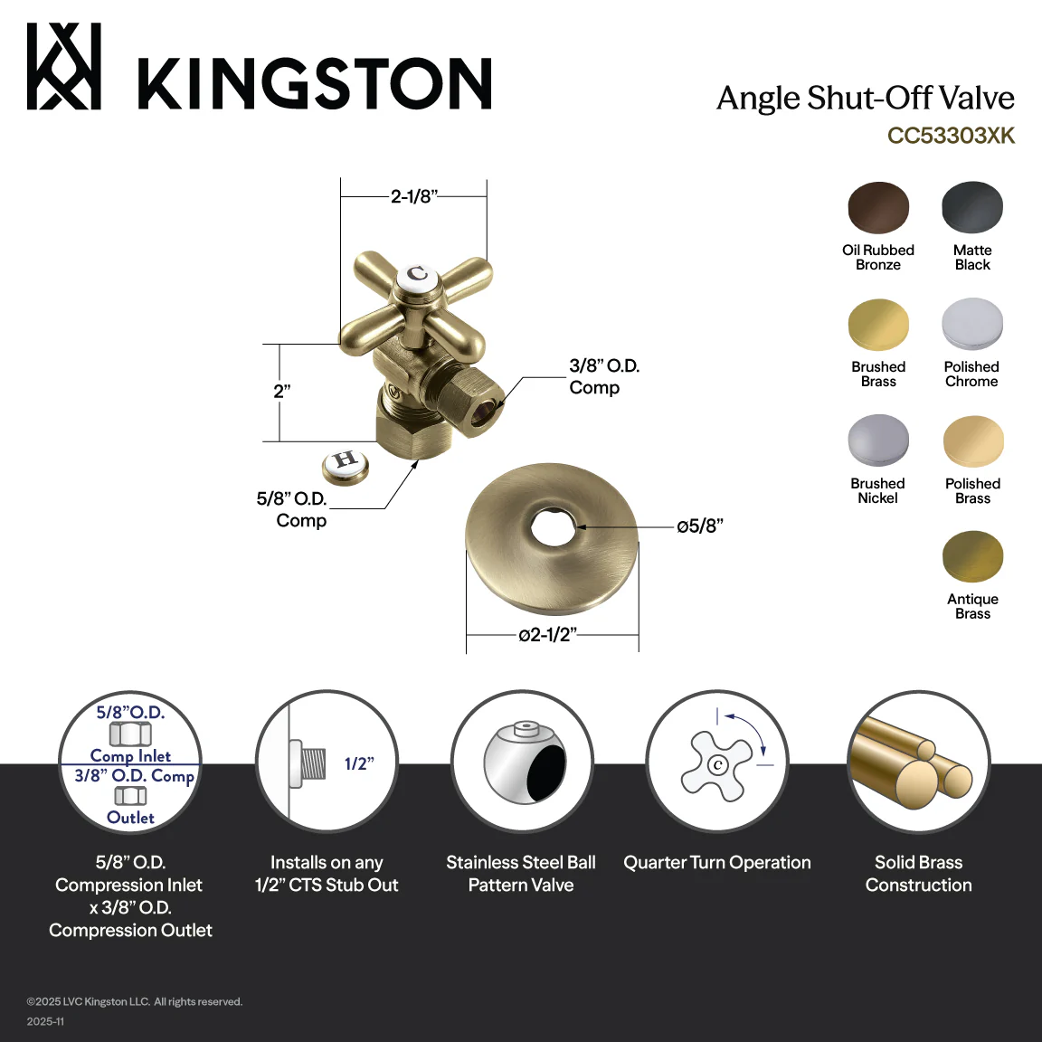 Kingston Heirloom CC53301XK 5/8-Inch O.D. Comp x 3/8-Inch O.D. Comp Quarter-Turn Angle Shut-Off Valve with Flange, Polished Chrome - Image 2