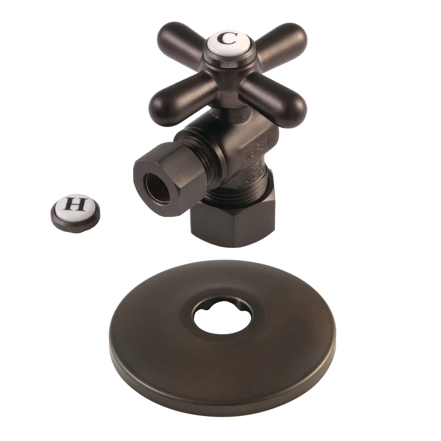 Kingston Heirloom CC53305XK 5/8-Inch O.D. Comp x 3/8-Inch O.D. Comp Quarter-Turn Angle Shut-Off Valve with Flange, Oil Rubbed Bronze