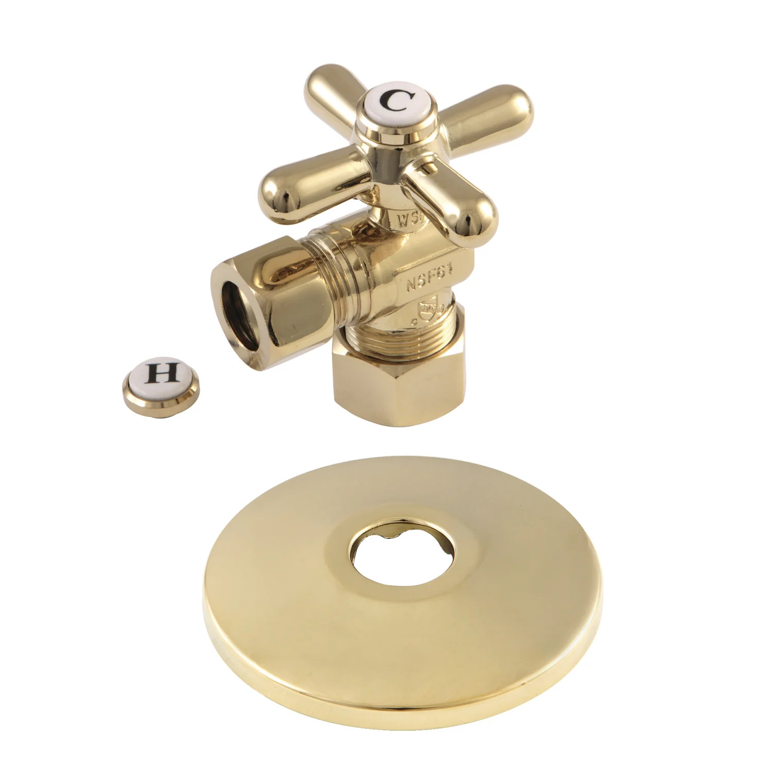 Kingston Heirloom CC54402XK 5/8-Inch O.D. Comp x 1/2-Inch O.D. Comp Quarter-Turn Angle Shut-Off Valve with Flange, Polished Brass