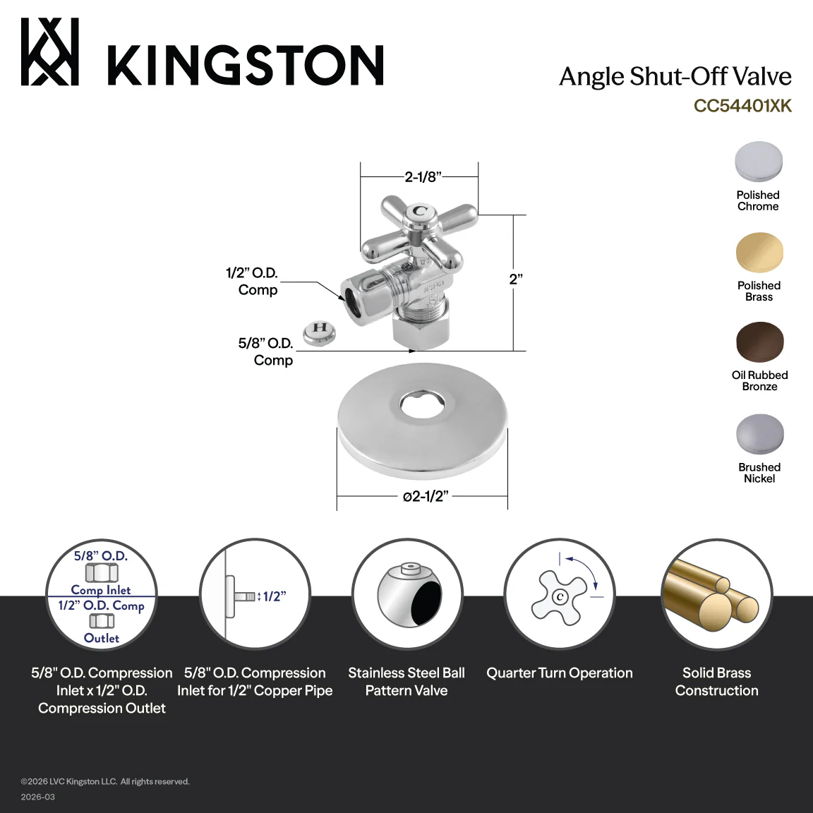 Kingston Heirloom CC54405XK 5/8-Inch O.D. Comp x 1/2-Inch O.D. Comp Quarter-Turn Angle Shut-Off Valve with Flange, Oil Rubbed Bronze - Image 2