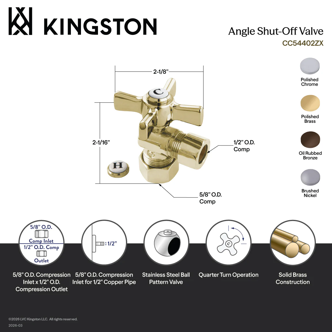 Kingston Tulare CC54405ZX - Millennium 5/8-Inch O.D. Comp x 1/2-Inch O.D. Comp Quarter-Turn Angle Shut-Off Valve, Oil Rubbed Bronze - Image 2