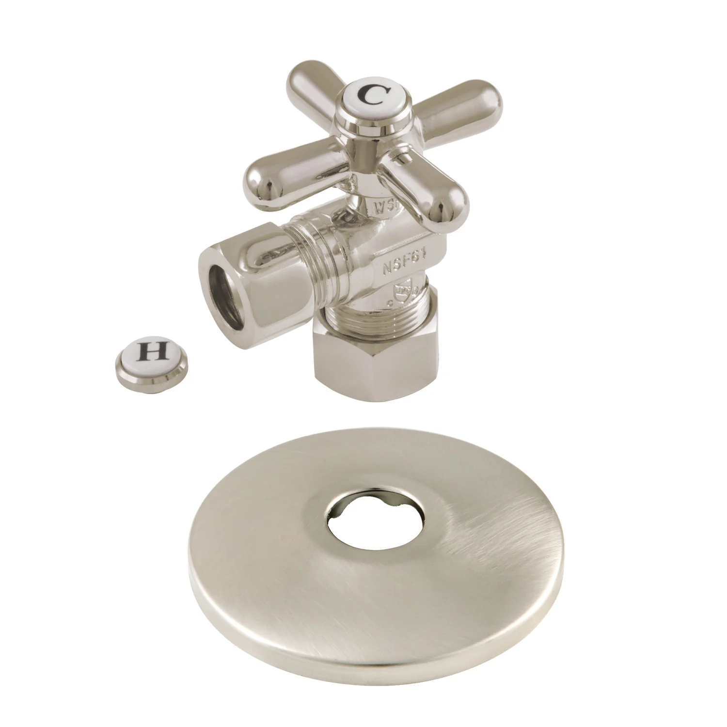 Kingston Heirloom CC54408XK 5/8-Inch O.D. Comp x 1/2-Inch O.D. Comp Quarter-Turn Angle Shut-Off Valve with Flange, Brushed Nickel