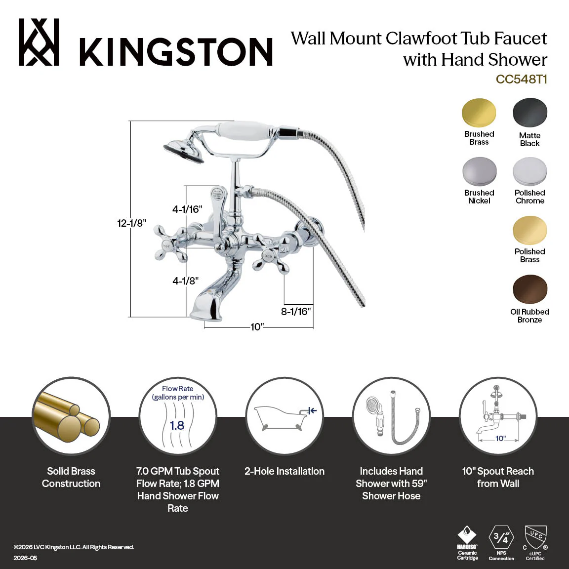 Kingston Heirloom CC547T2 - Vintage Three-Handle 2-Hole Tub Wall Mount Clawfoot Tub Faucet with Hand Shower, Polished Brass - Image 2