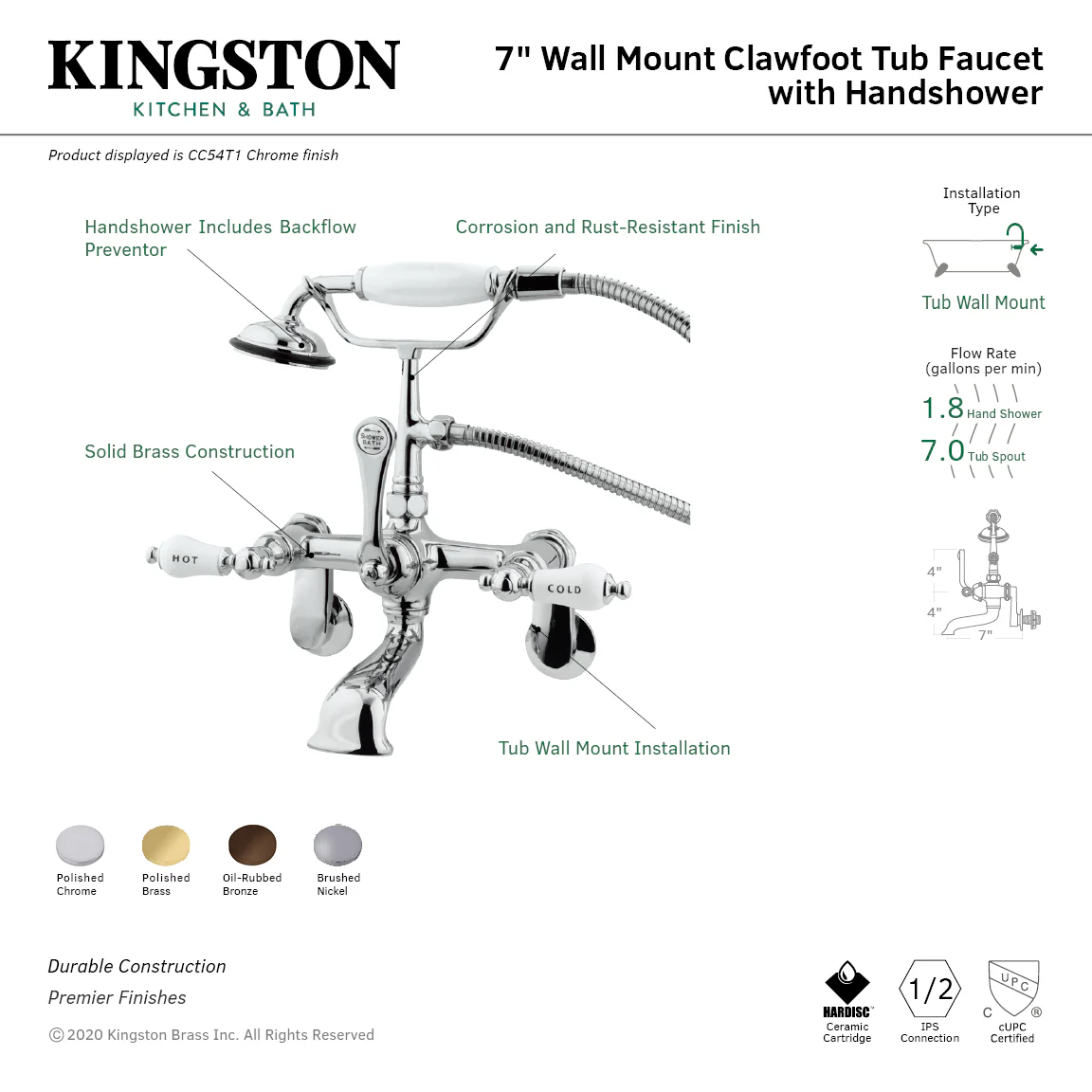 Kingston Heirloom CC54T1 - Vintage Three-Handle 2-Hole Tub Wall Mount Clawfoot Tub Faucet with Hand Shower, Polished Chrome - Image 2
