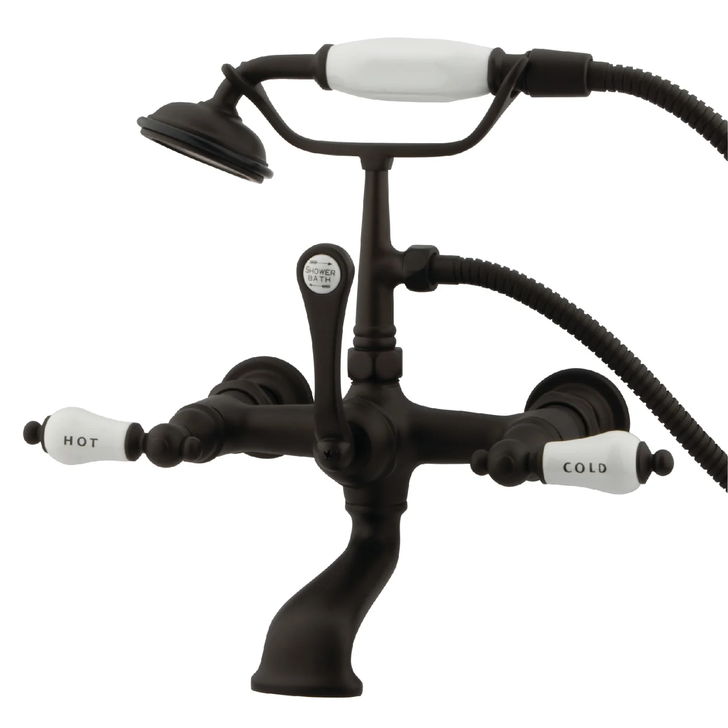 Kingston Heirloom CC555T5 - Vintage Three-Handle 2-Hole Tub Wall Mount Clawfoot Tub Faucet with Hand Shower, Oil Rubbed Bronze