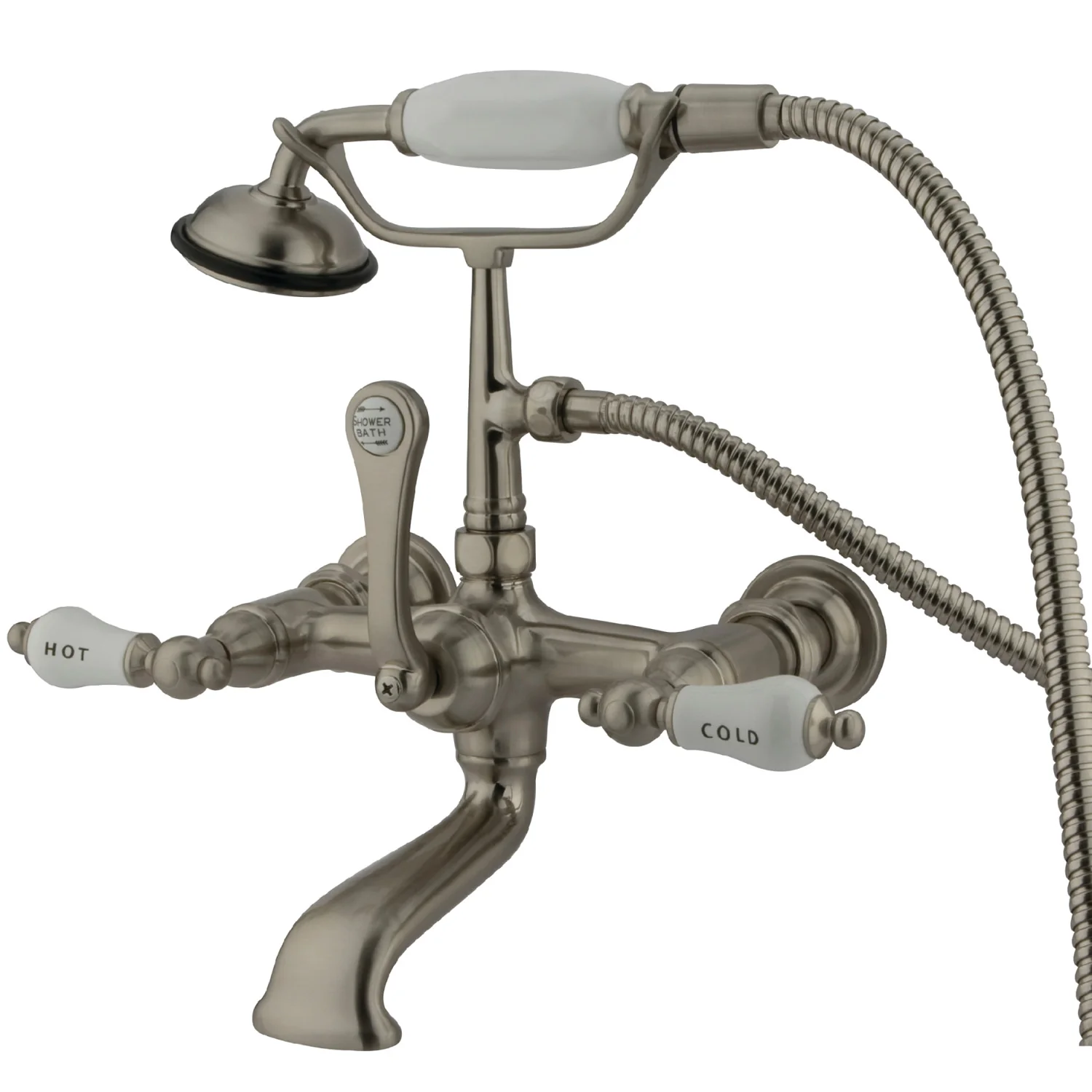 Kingston Heirloom CC555T8 - Vintage Three-Handle 2-Hole Tub Wall Mount Clawfoot Tub Faucet with Hand Shower, Brushed Nickel