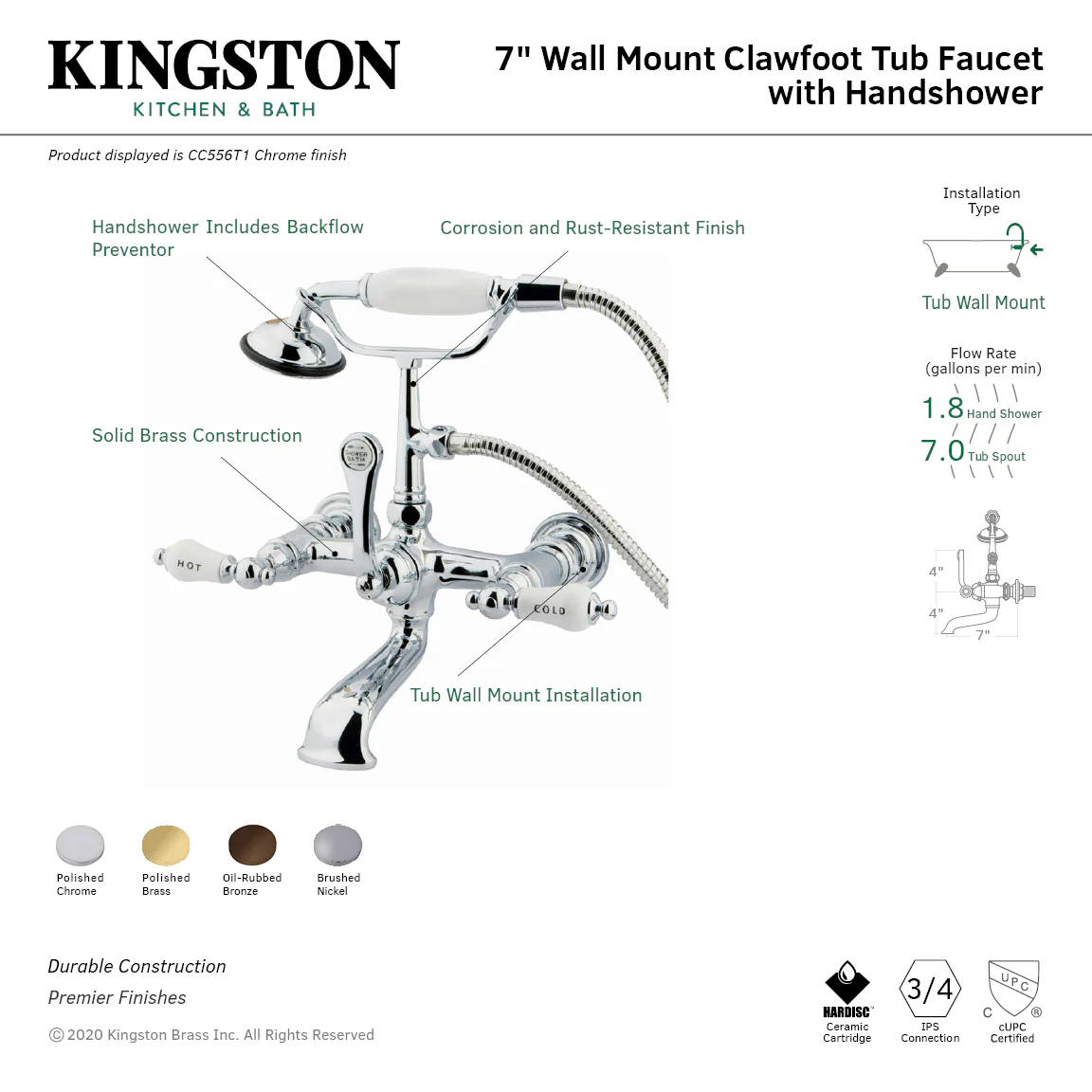 Kingston Heirloom CC555T8 - Vintage Three-Handle 2-Hole Tub Wall Mount Clawfoot Tub Faucet with Hand Shower, Brushed Nickel - Image 2