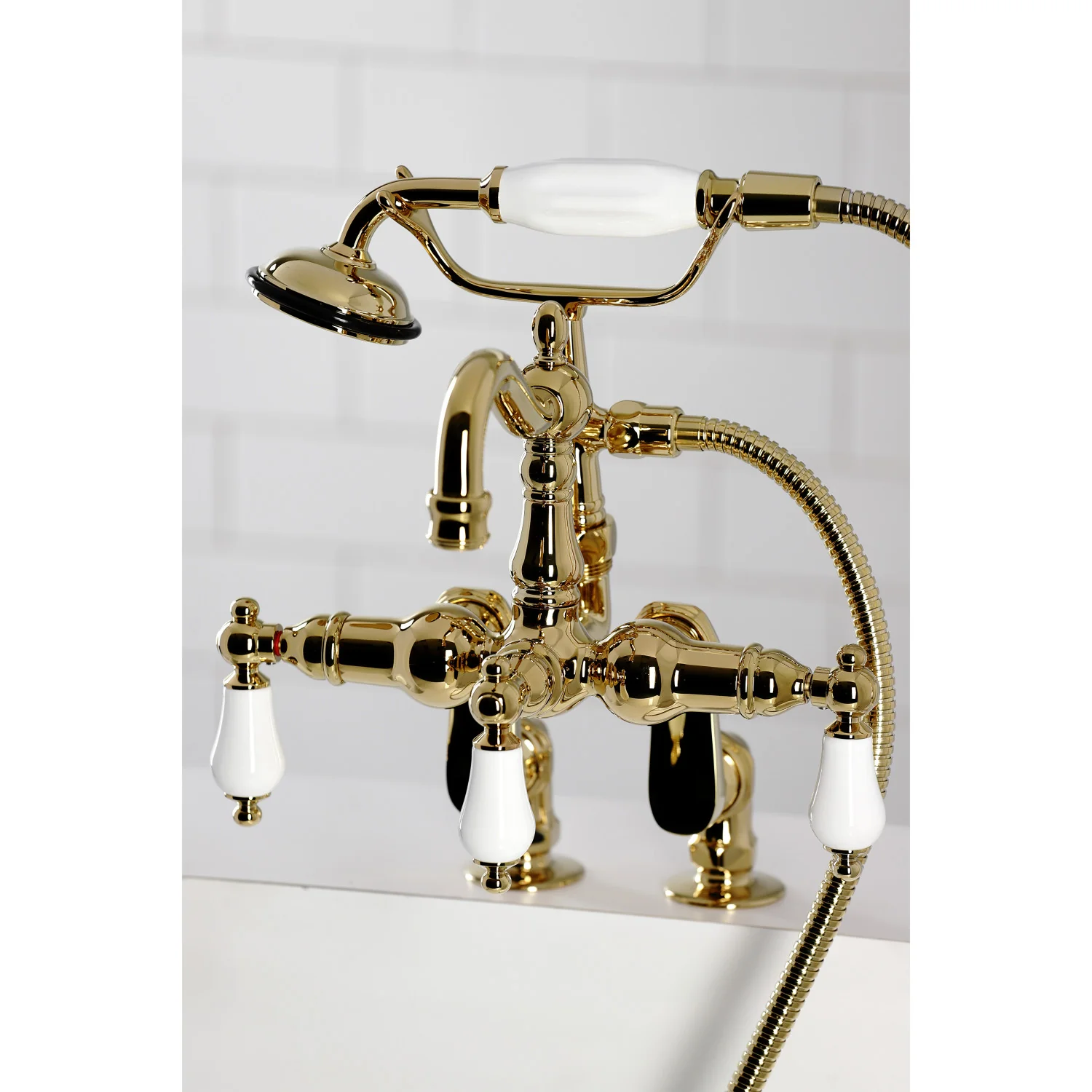 Kingston Heirloom CC6015T2 - Vintage Three-Handle 2-Hole Deck-Mount Clawfoot Tub Faucet with Hand Shower, Polished Brass - Image 7