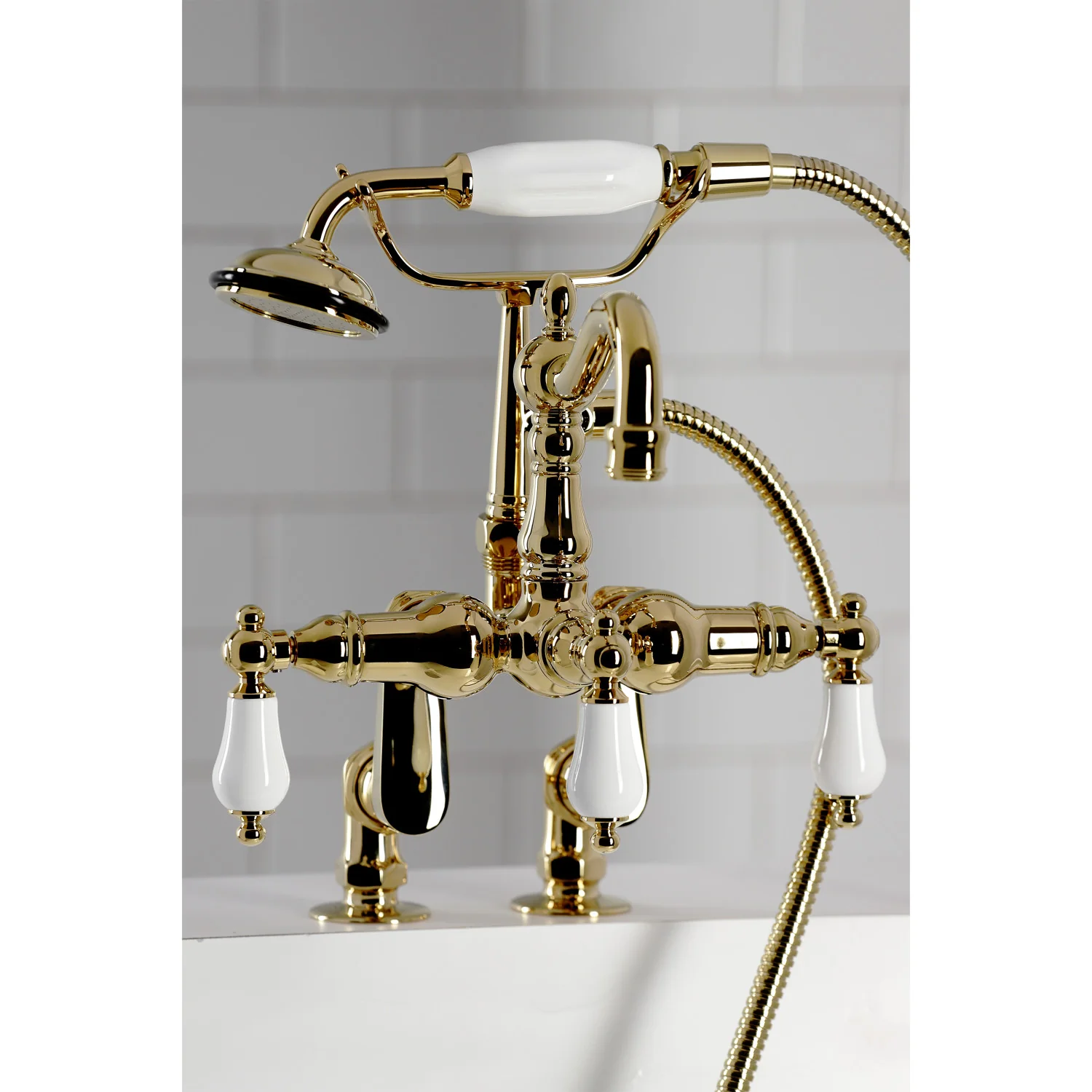 Kingston Heirloom CC6015T2 - Vintage Three-Handle 2-Hole Deck-Mount Clawfoot Tub Faucet with Hand Shower, Polished Brass - Image 8
