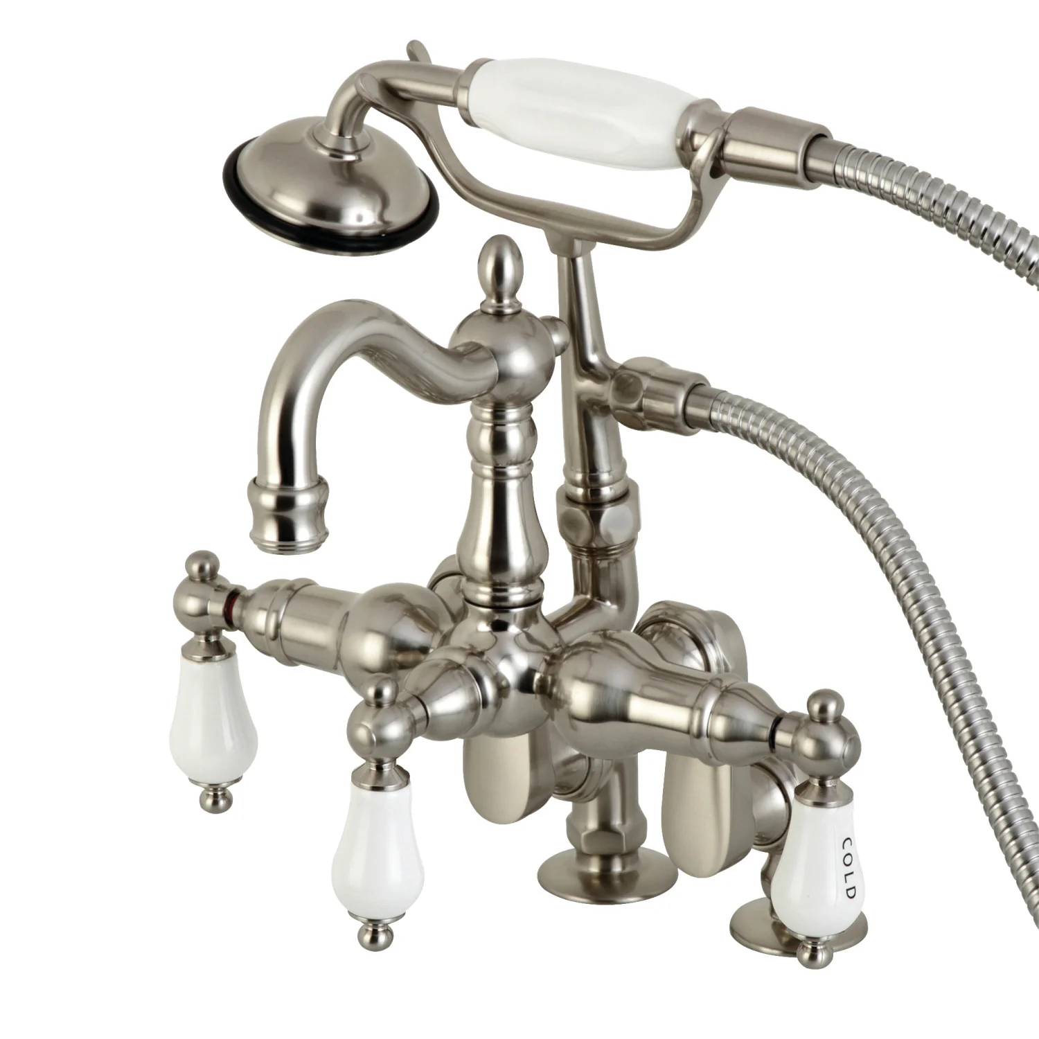 Kingston Heirloom CC6017T8 - Vintage Three-Handle 2-Hole Deck-Mount Clawfoot Tub Faucet with Hand Shower, Brushed Nickel