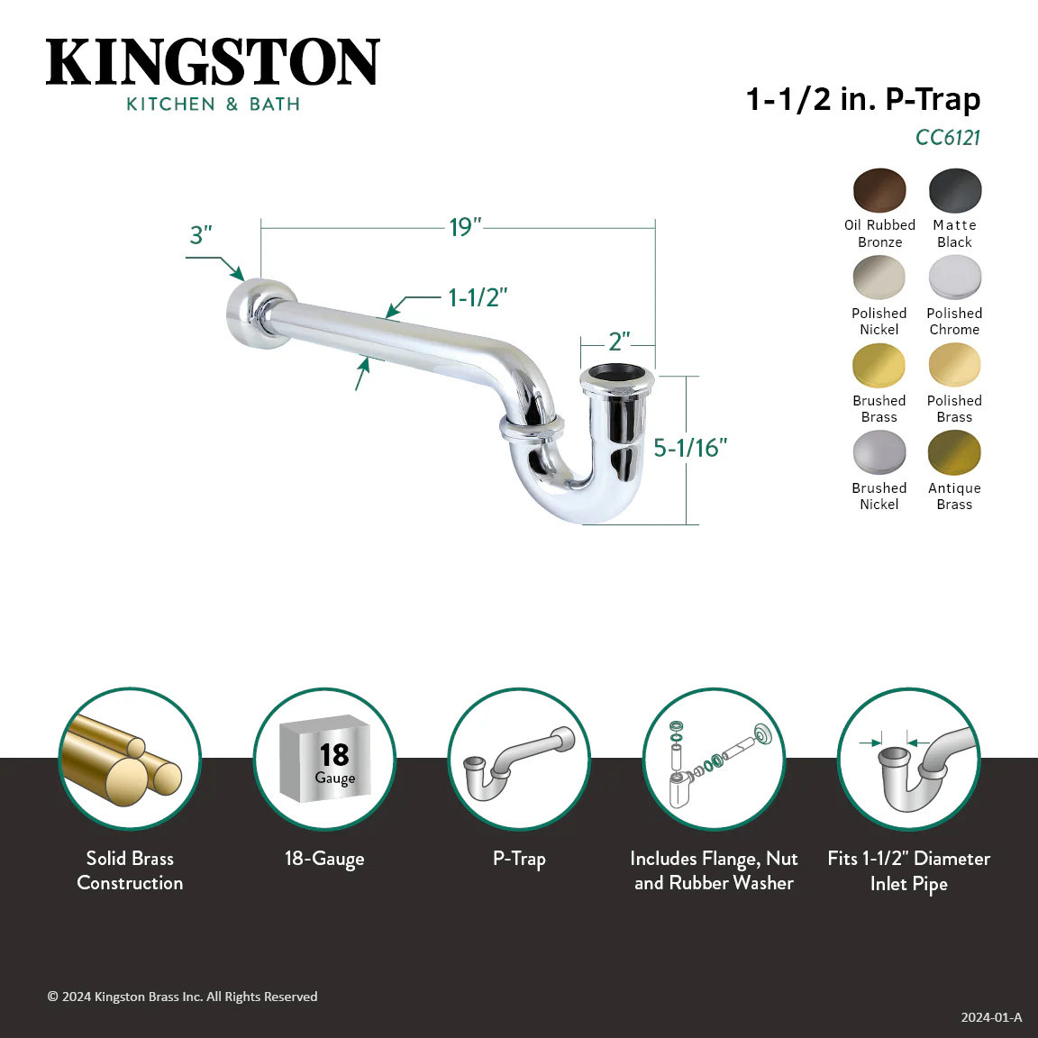 Kingston Trimscape CC6122 1-1/2 Inch Decor P-Trap with High Box Flange, 19 Inch Length, 18 Gauge, Polished Brass - Image 2