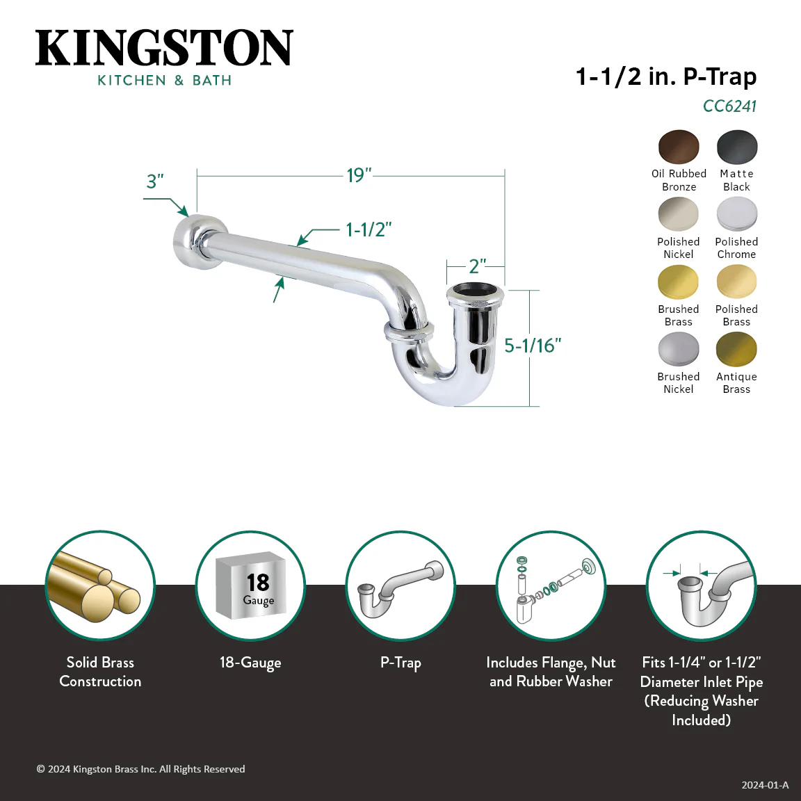 Kingston Trimscape CC6248 1-1/4 (or 1-1/2) x 1-1/2 Inch Decor P-Trap with High Box Flange, 19 Inch Length, 18 Gauge, Brushed Nickel - Image 2
