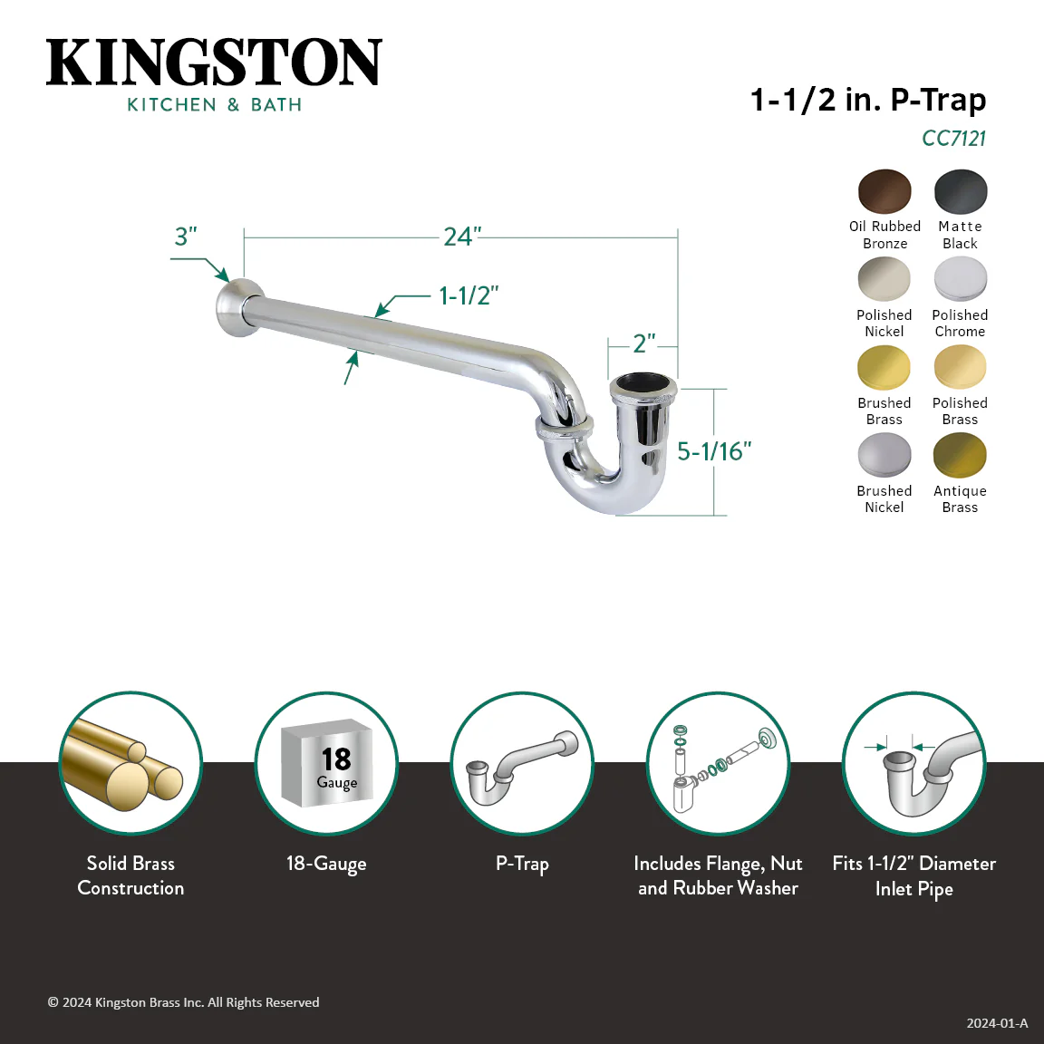 Kingston Vintage CC7128 1-1/2 Inch Decor P-Trap with Bell Flange, 24 Inch Length, 18 Gauge, Brushed Nickel - Image 2