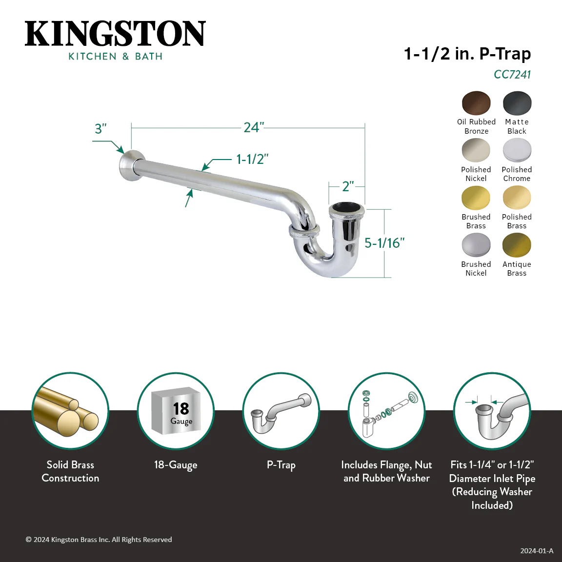 Kingston Vintage CC7241 1-1/4 (or 1-1/2) x 1-1/2 Inch Decor P-Trap with Bell Flange, 24 Inch Length, 18 Gauge, Polished Chrome - Image 2