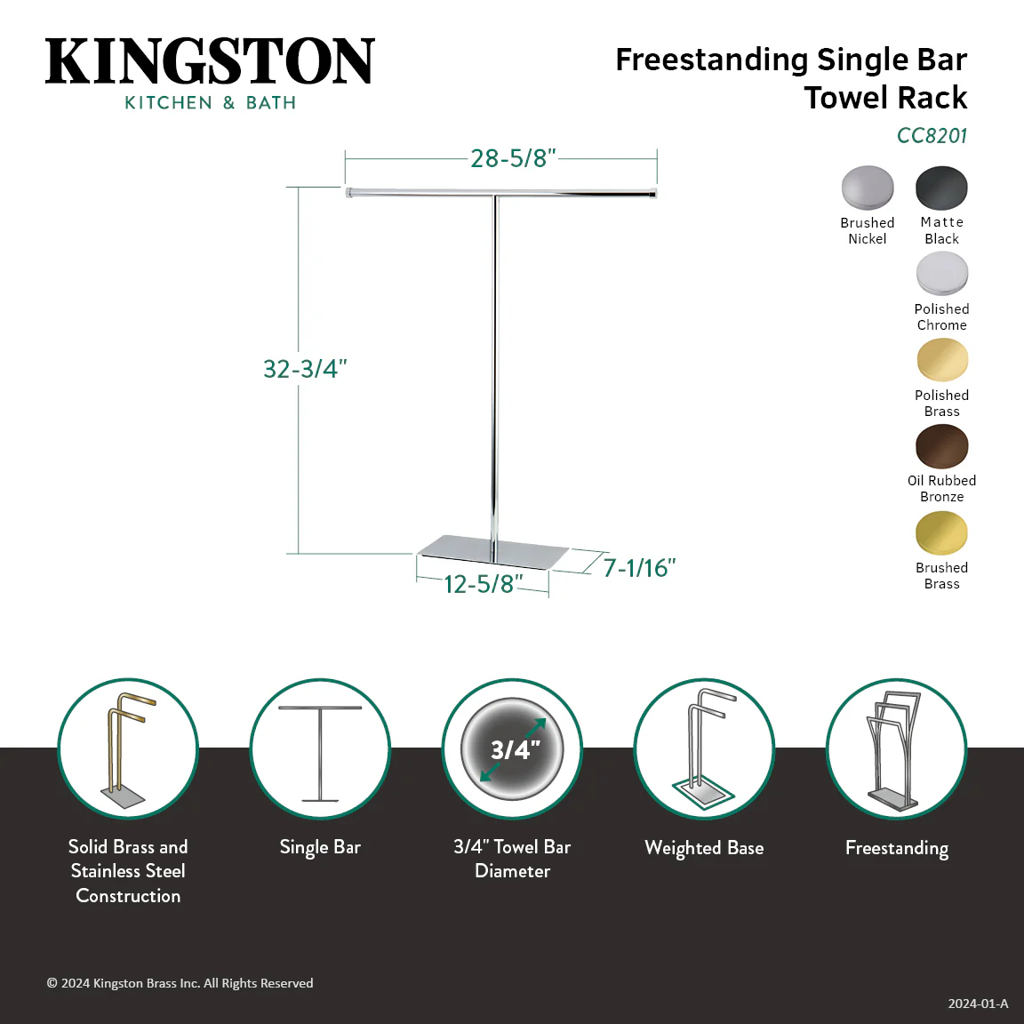 Kingston Sona CC8202 - Claremont 32-Inch Freestanding Pedestal T-Shape Towel Rack, Polished Brass - Image 2