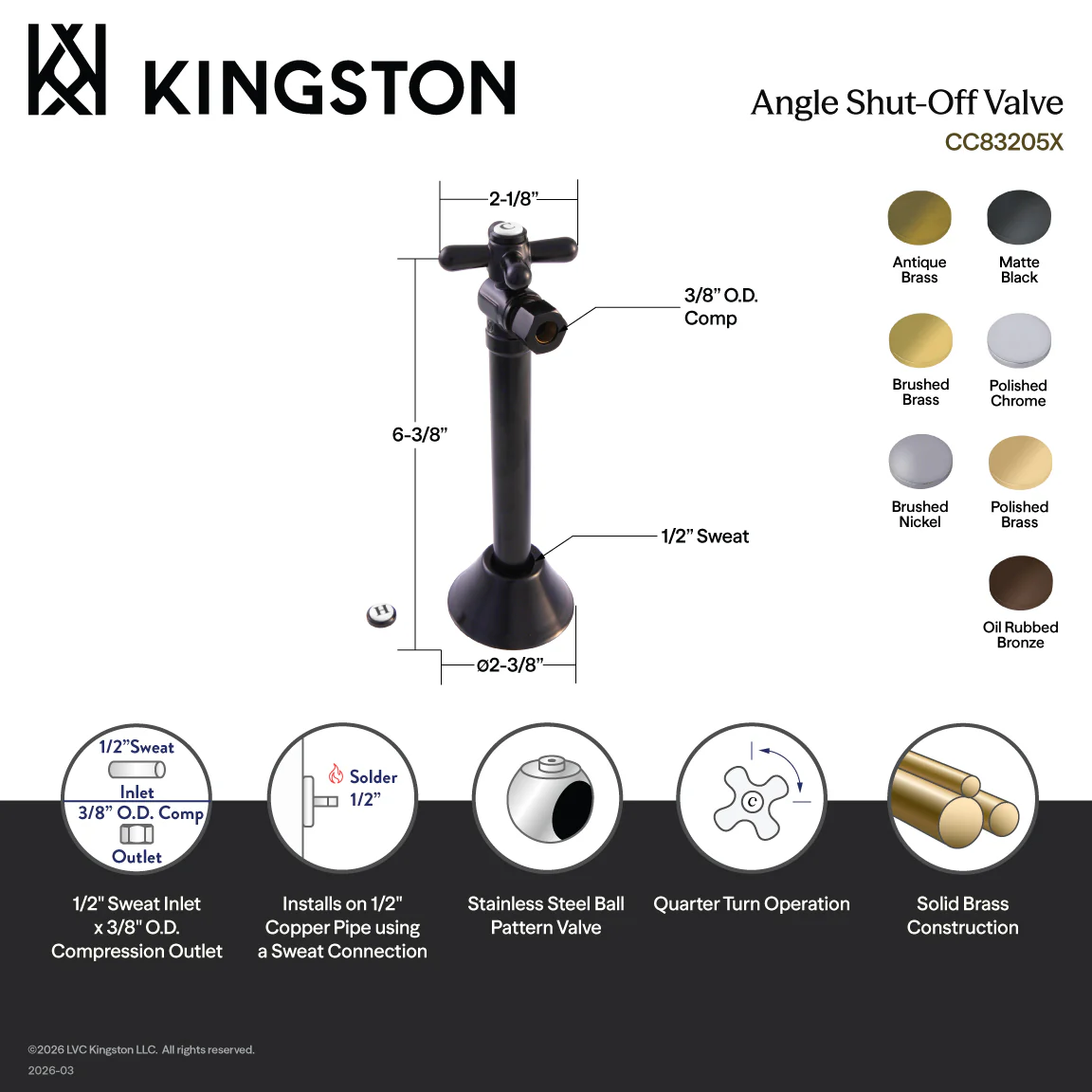Kingston Heirloom CC83205X - Vintage 1/2-Inch Sweat x 3/8-Inch O.D. Comp Angle Shut-Off Valve with 5-Inch Extension, Oil Rubbed Bronze - Image 4