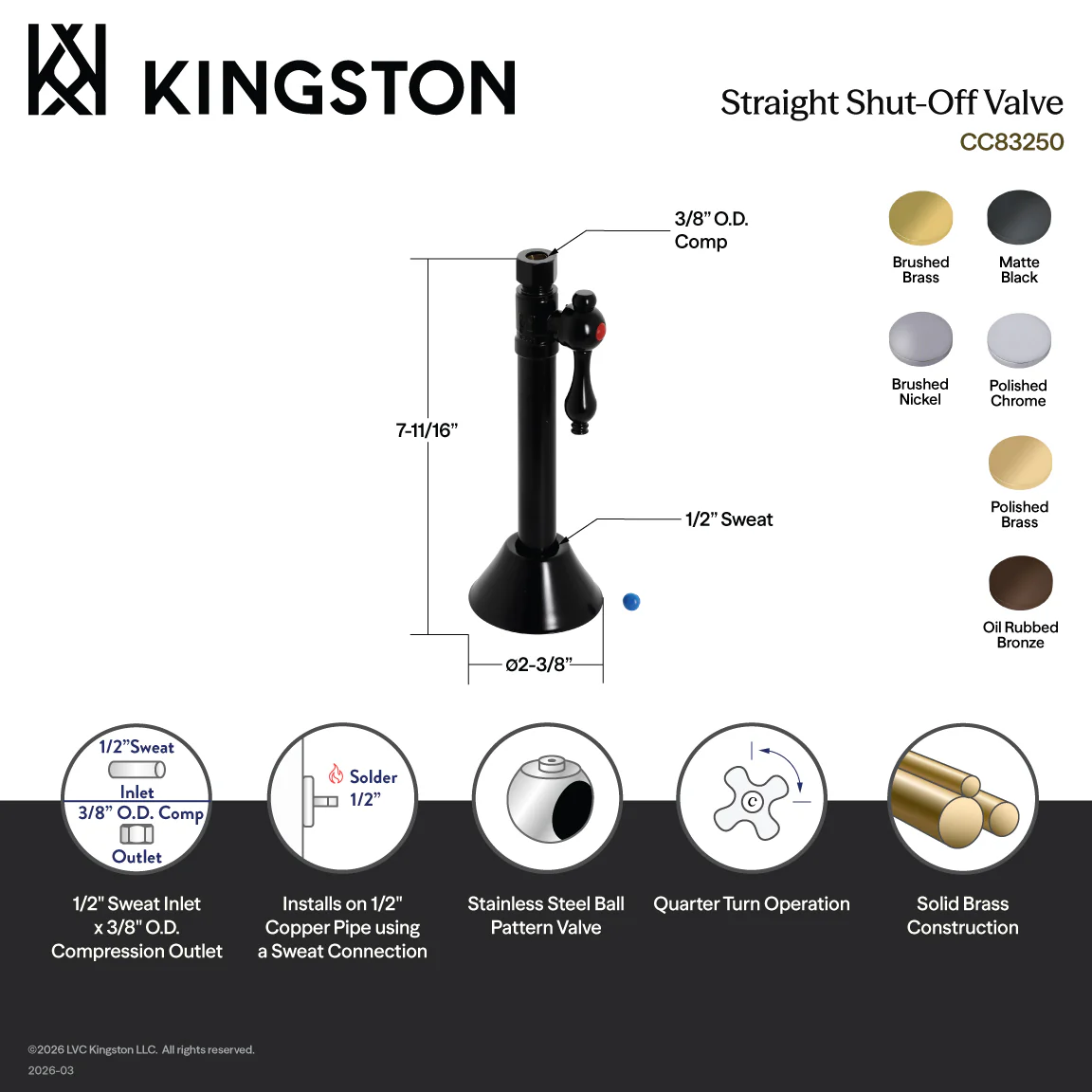 Kingston Heirloom CC83255 - Vintage 1/2-Inch Sweat x 3/8-Inch O.D. Comp Straight Shut-Off Valve with 5-Inch Extension, Oil Rubbed Bronze - Image 4