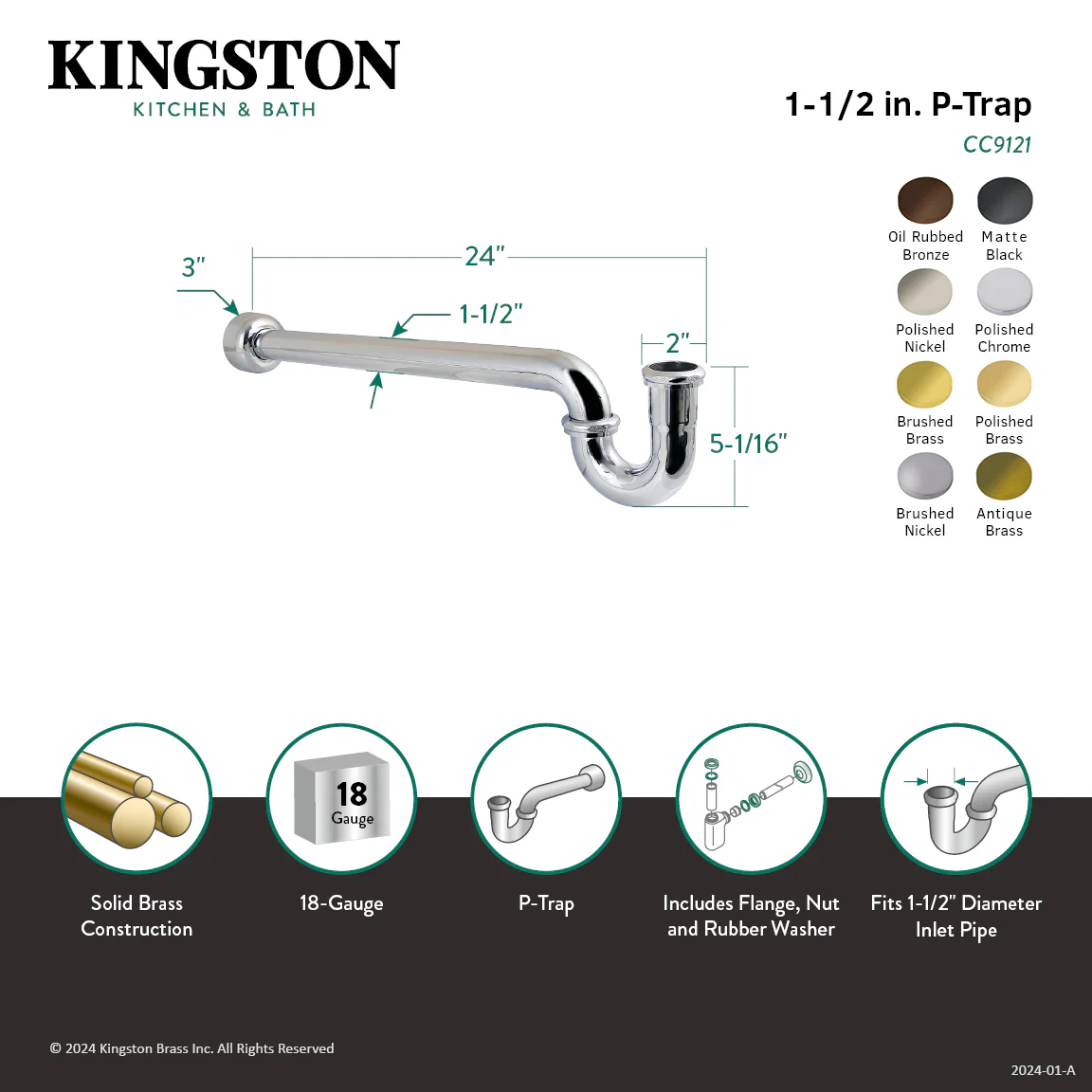 Kingston Trimscape CC9121 1-1/2 Inch Decor P-Trap with High Box Flange, 24 Inch Length, 18 Gauge, Polished Chrome - Image 2
