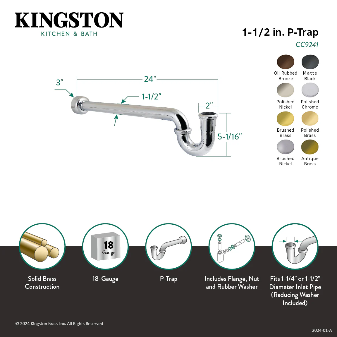 Kingston Trimscape CC9240MB 1-1/4 (or 1-1/2) x 1-1/2 Inch Decor P-Trap with High Box Flange, 24 Inch Length, 18 Gauge, Matte Black - Image 2
