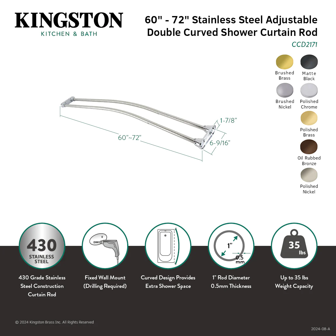 Kingston Edenscape CCD2175 60-Inch to 72-Inch Adjustable Double Curved Shower Curtain Rod, Oil Rubbed Bronze - Image 4